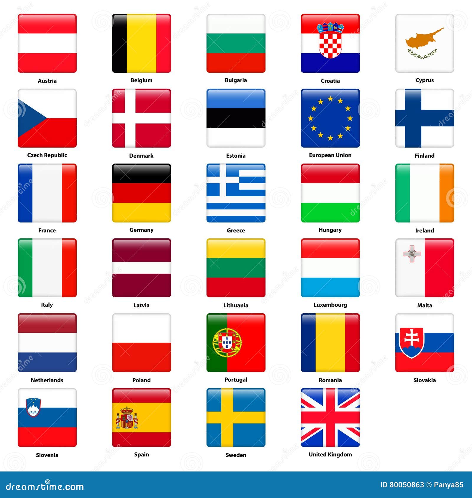 Conjunto de bandeiras da união europeia com nomes de países