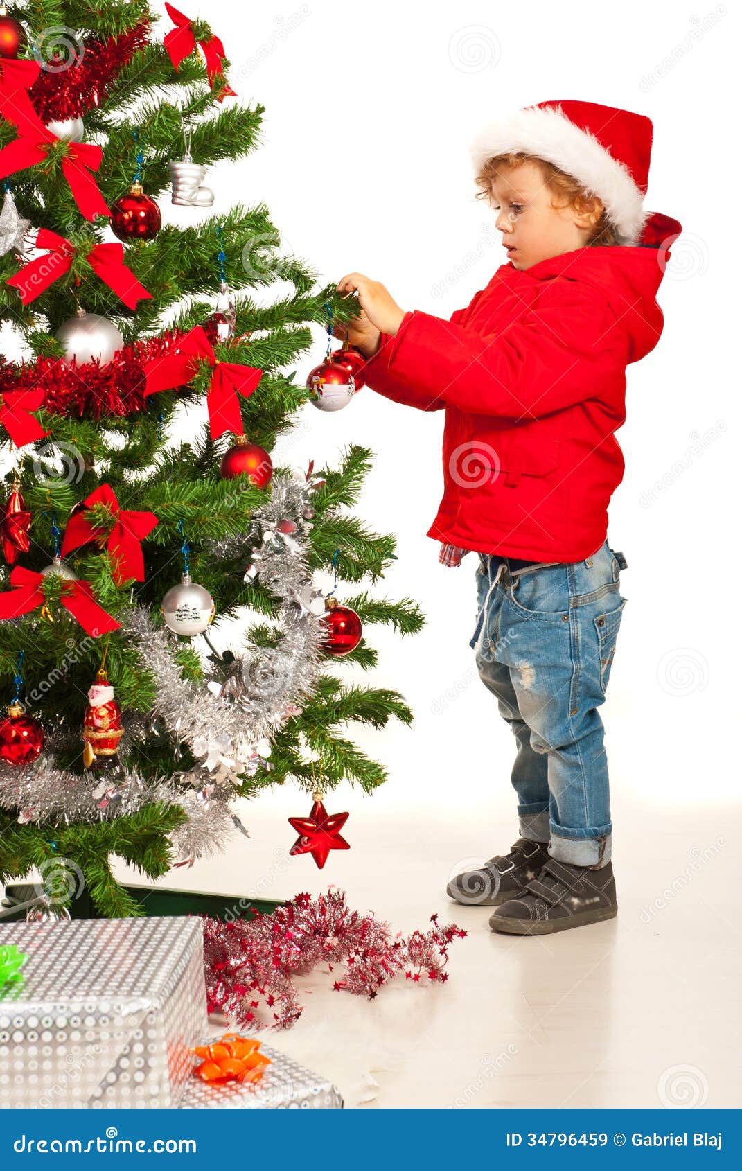 Toddler Boy Decorate Xmas Tree Stock Image Image 34796459