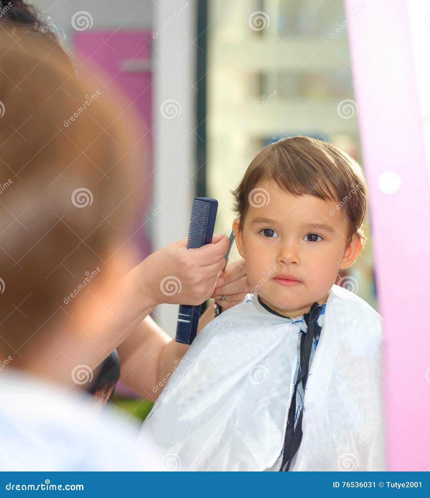 Toddler Child Getting His First Haircut At Salon Stock Image - Image of