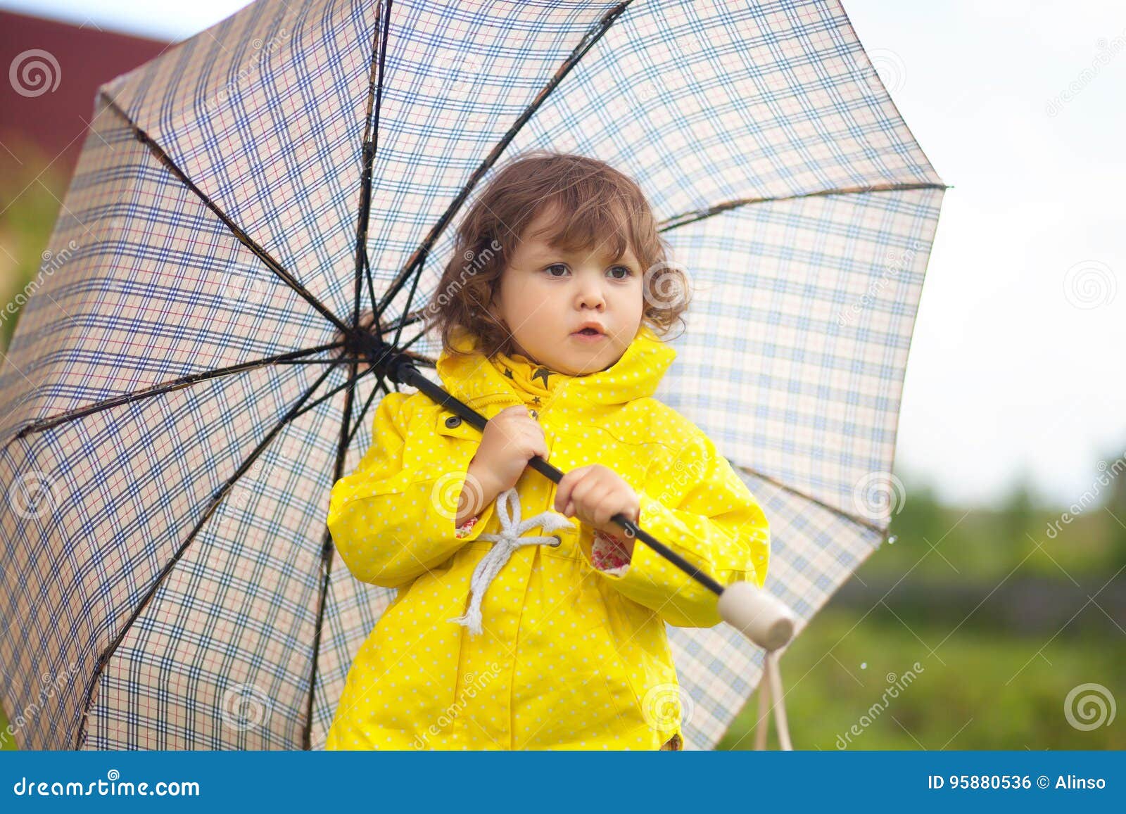 Toddler Girl Wearing Yellow Waterproof Coat with Checkered Umrella ...