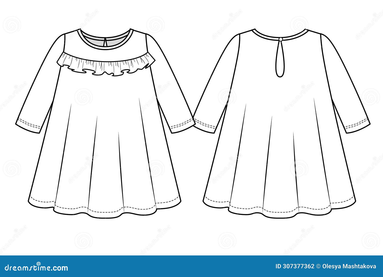 Long Sleeve T Shirt Top With Skirt Kids Dress Design Technical Flat Sketch  Vector Template. Apparel Fashion Illustration Front And Back View. Easy  Editable And Customizable. Royalty Free SVG, Cliparts, Vectors, and