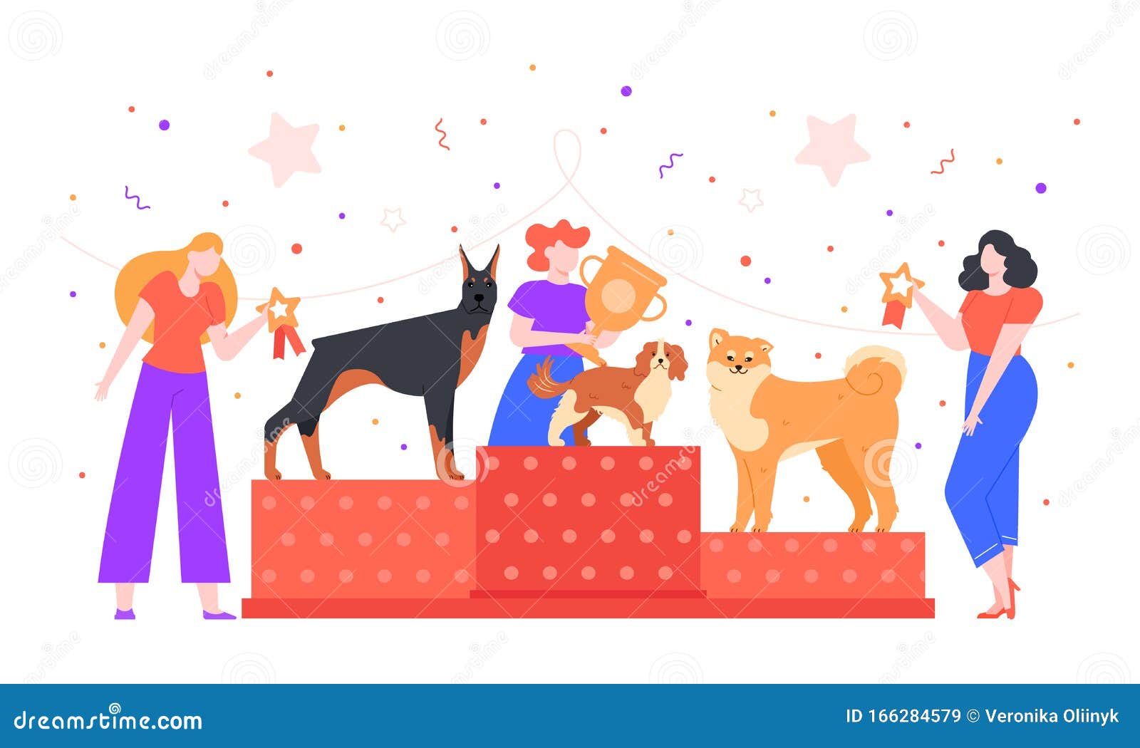 Toekenning Van De Dog Show Eigenaar Van Trofee Golden Goblet, Honden Die De Prijs Winnen Voor Gezelschapsdieren, Hond Vector Illustratie - of dier: 166284579