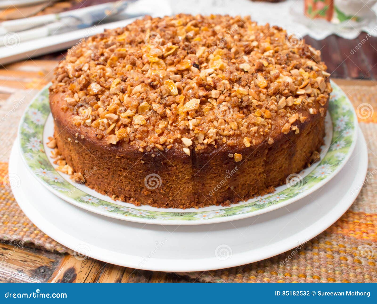 Toffee Macadamia Nut Cake, Warm Toffee Cake, Homemade Cake. Stock Photo