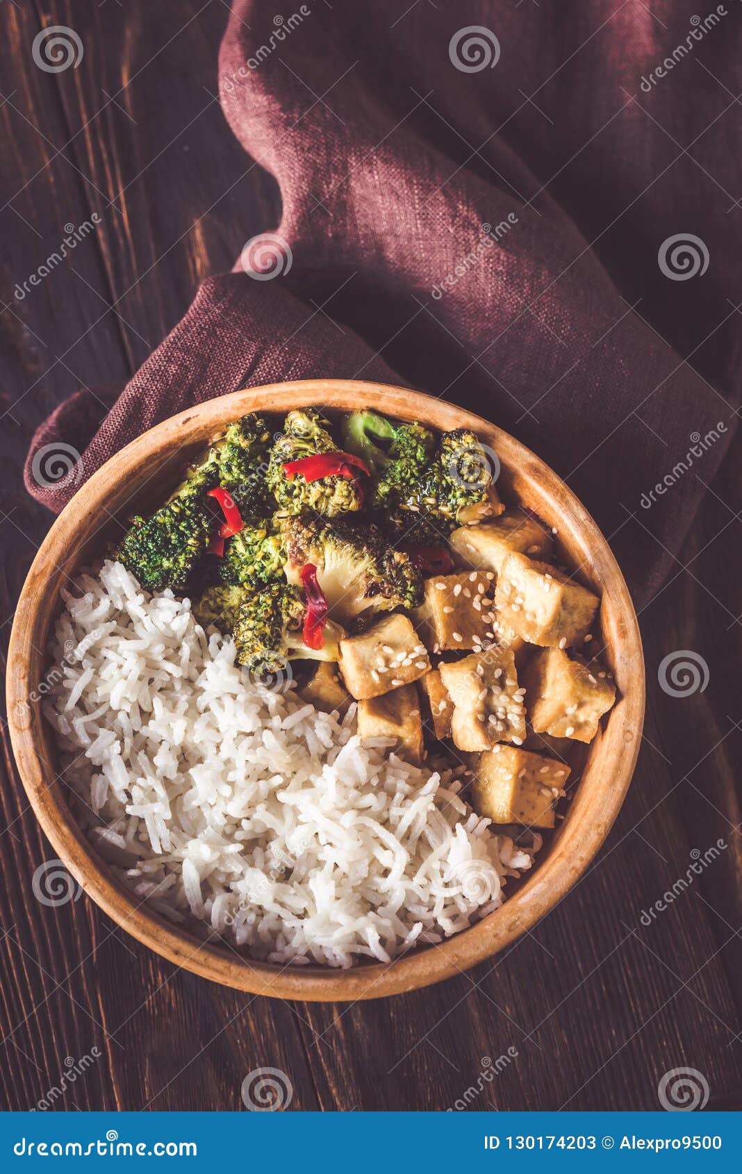 Tofu and Broccoli Stirfry with White Rice Stock Image Image of