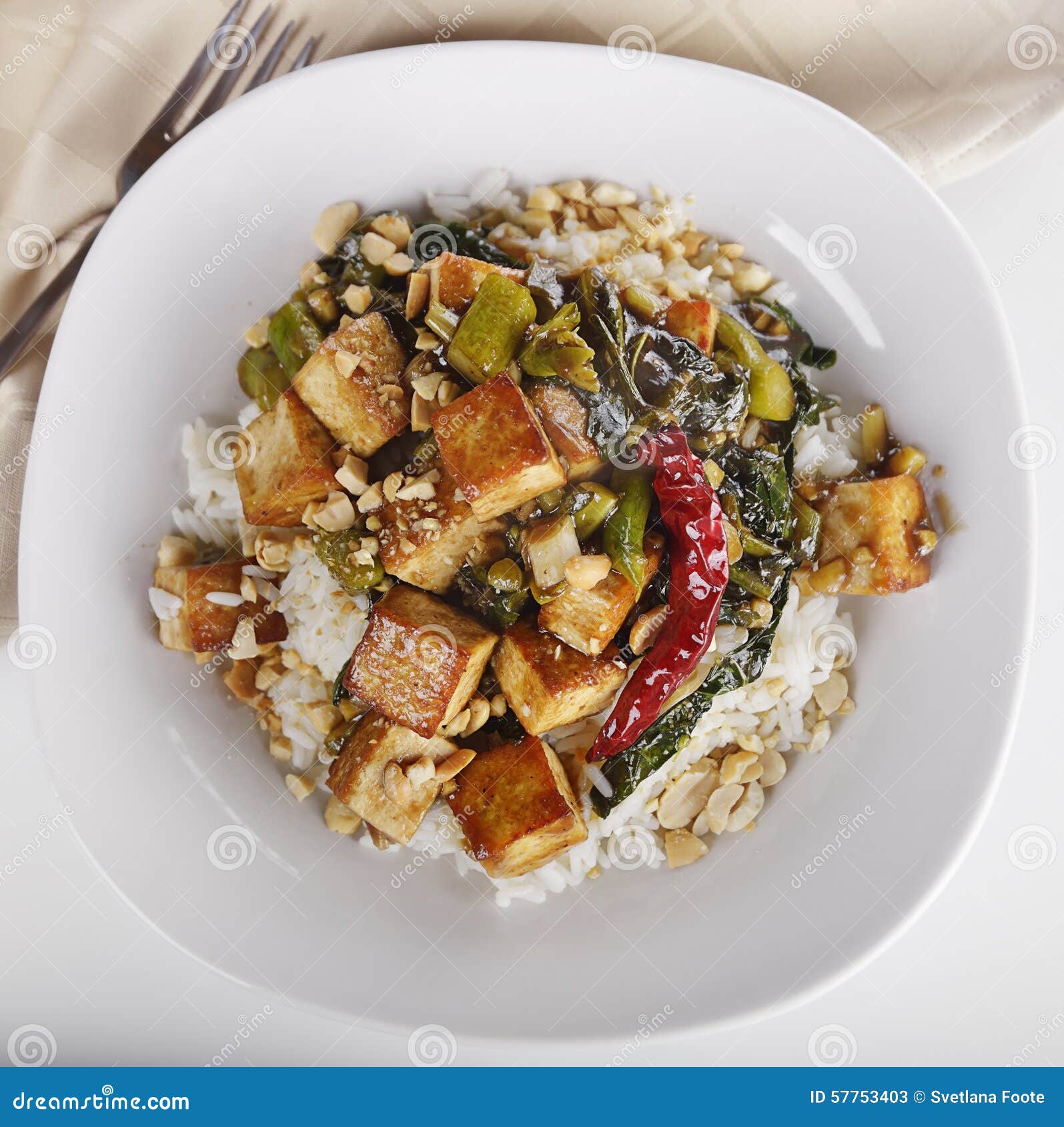 Tofu with Chinese Broccoli and Rice Stock Image Image of peanuts