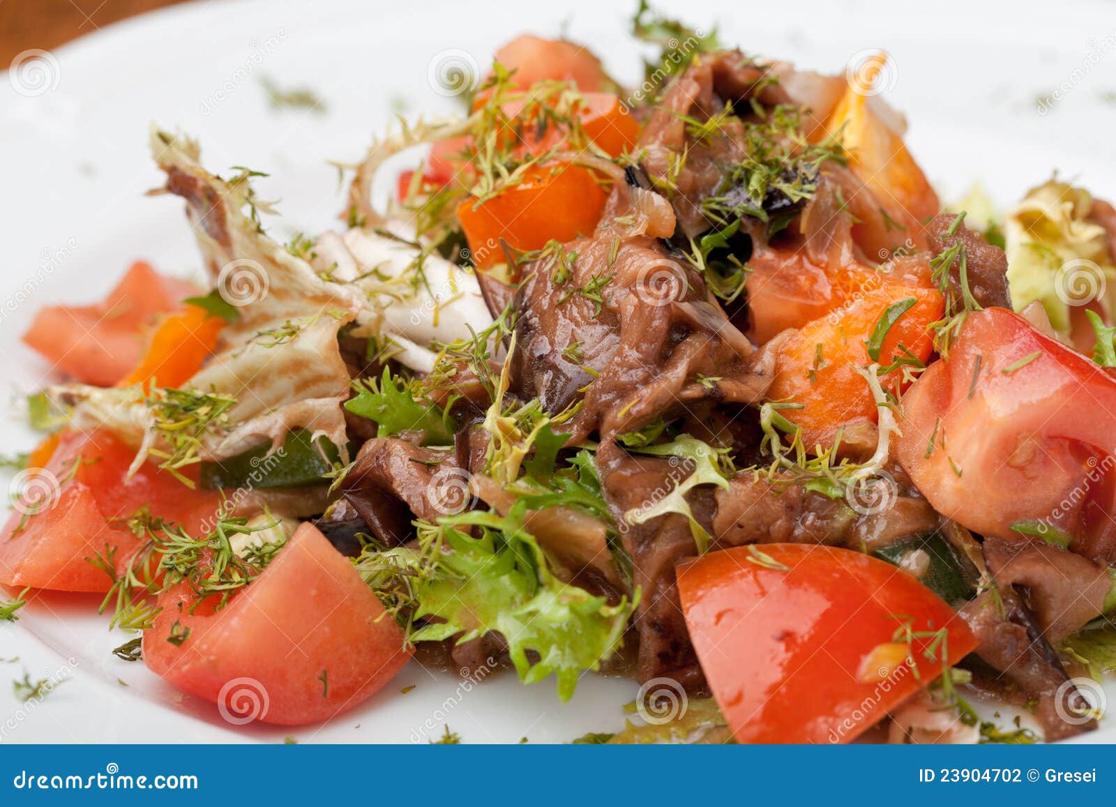 Tofu Marinated in Soy Sauce with Tomato and Salad Stock Photo - Image