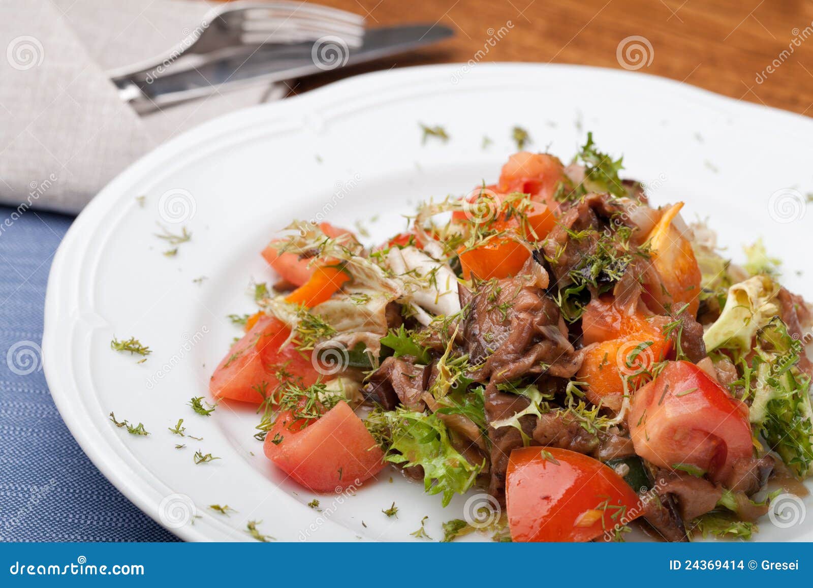 Tofu Marinated in Soy Sauce with Tomato and Salad Stock Photo - Image