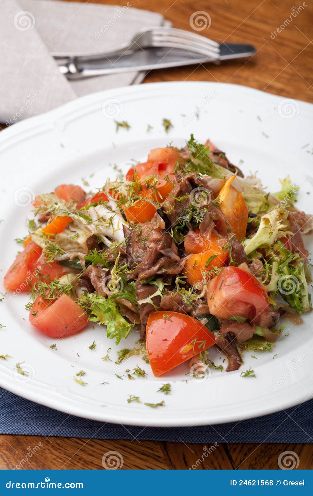 Tofu Marinated in Soy Sauce with Tomato and Salad Stock Photo - Image