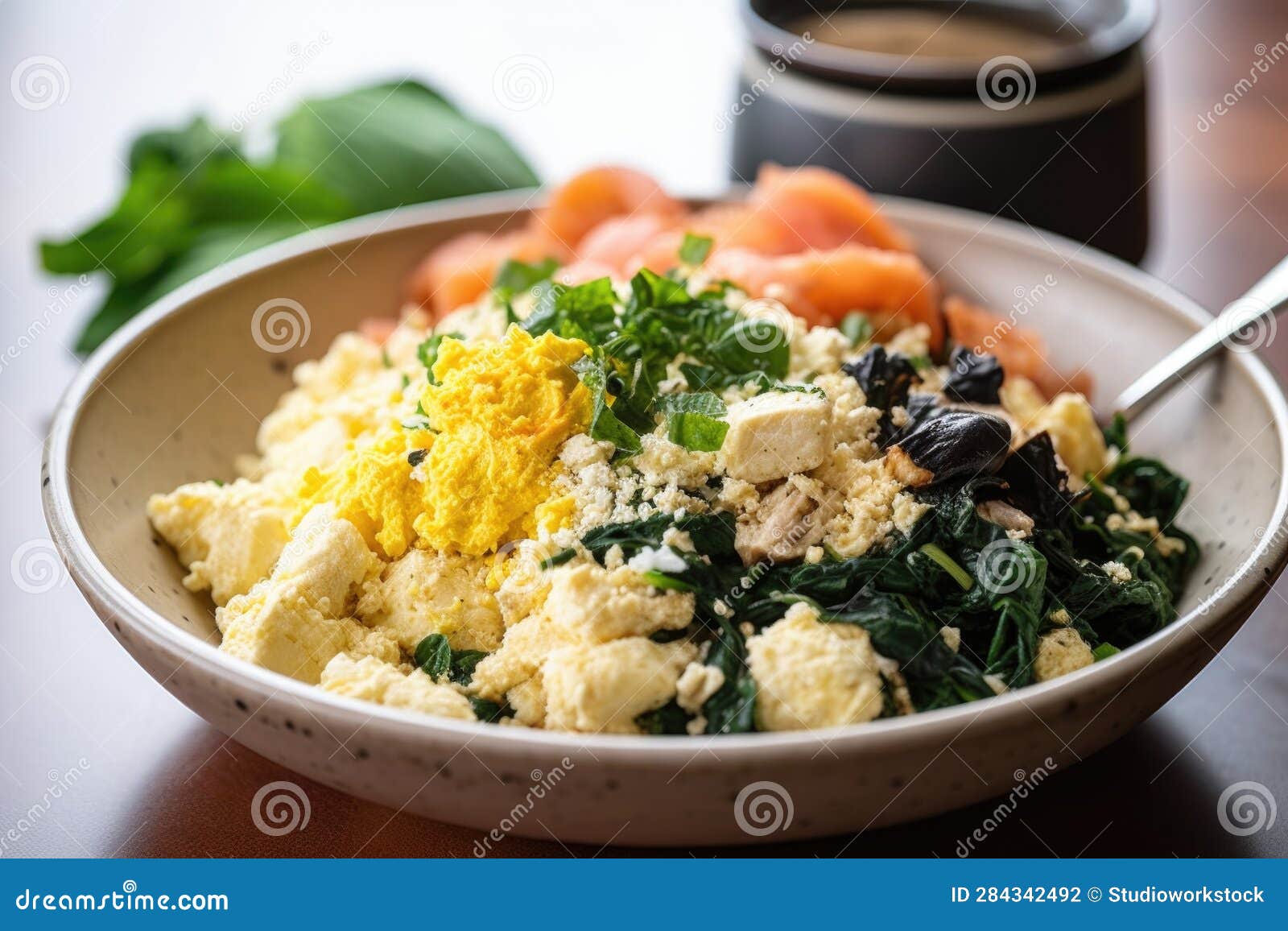 Tofu Scramble with Scrambled Eggs and Cheese, Topped with Herbs Stock