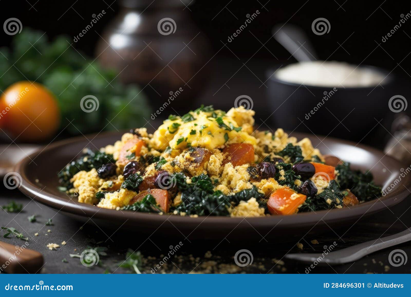 Tofu Scramble with Scrambled Eggs and Cheese, Topped with Herbs Stock
