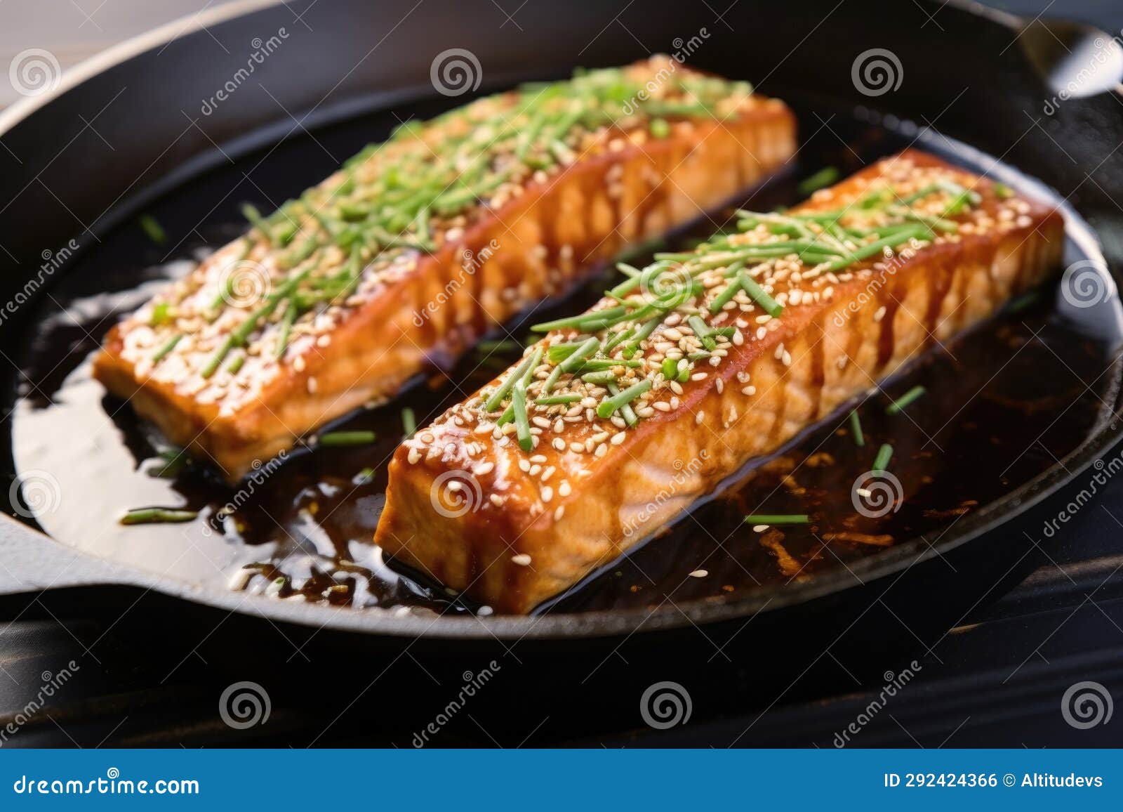 Tofu Steaks in a Cast Iron Pan, Dripping in Teriyaki Stock Photo
