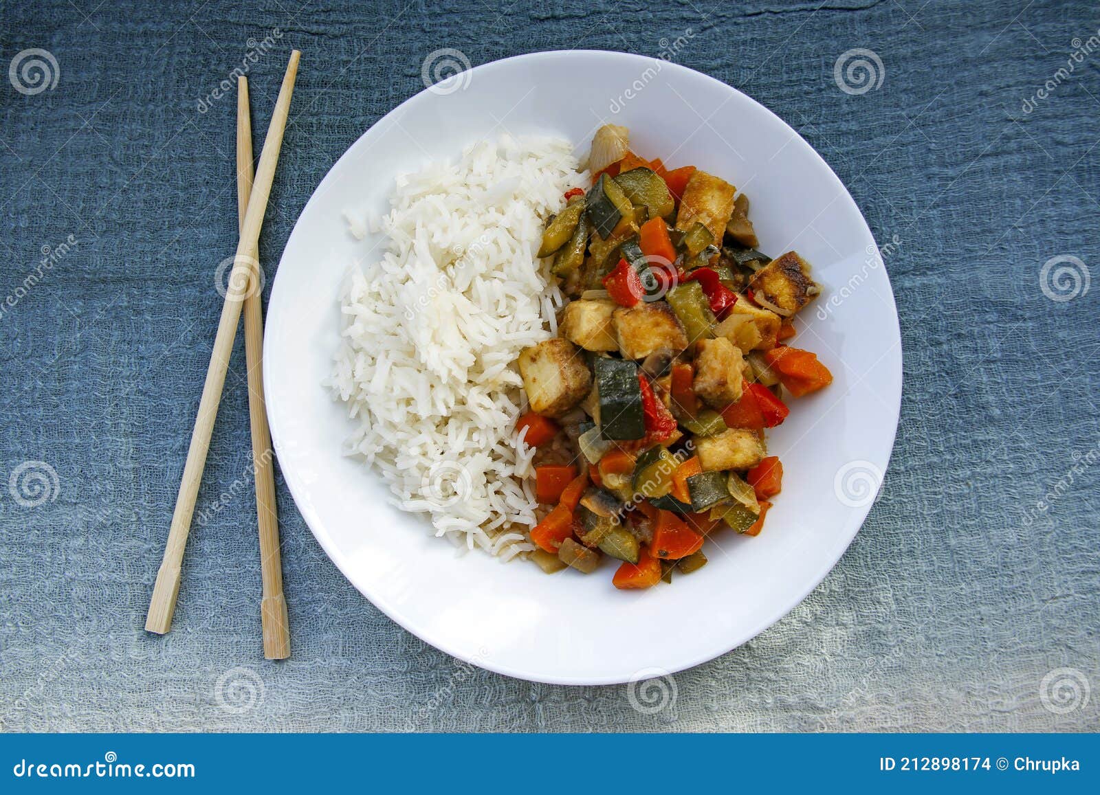 Tofu and Vegetables Stir-fry with White Rice Stock Photo - Image of