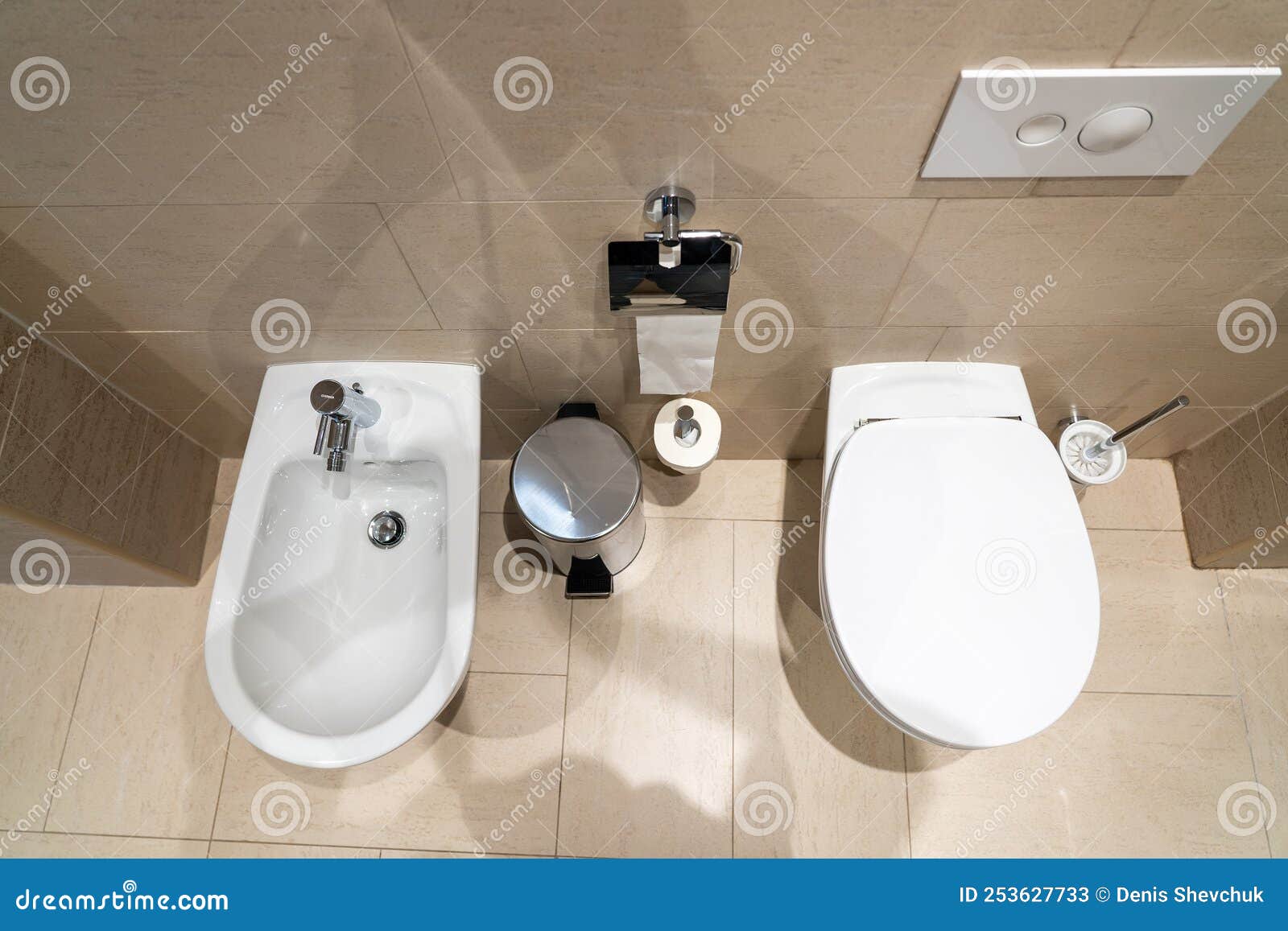 Toilet Bowl and Bidet in Modern Interior Top View Stock Image Image of interior, roll 253627733
