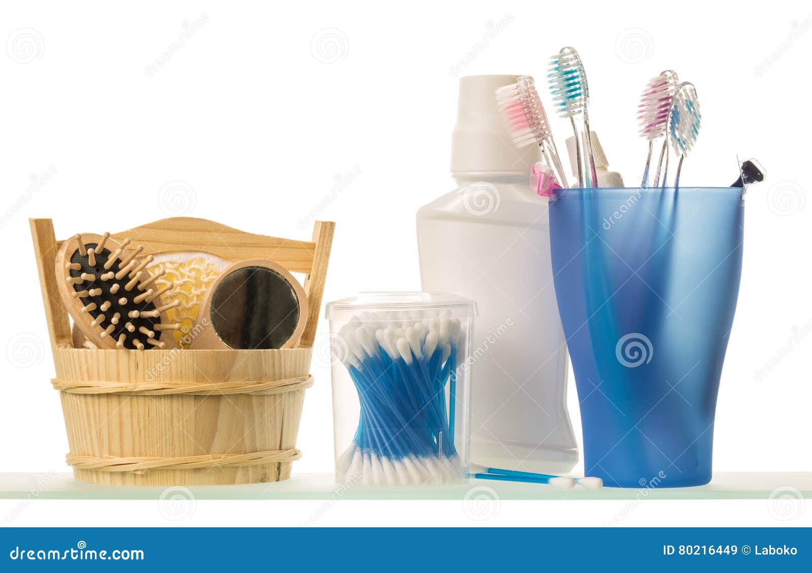 Toiletries, Glass with Toothbrush and Toothpaste Isolated on White