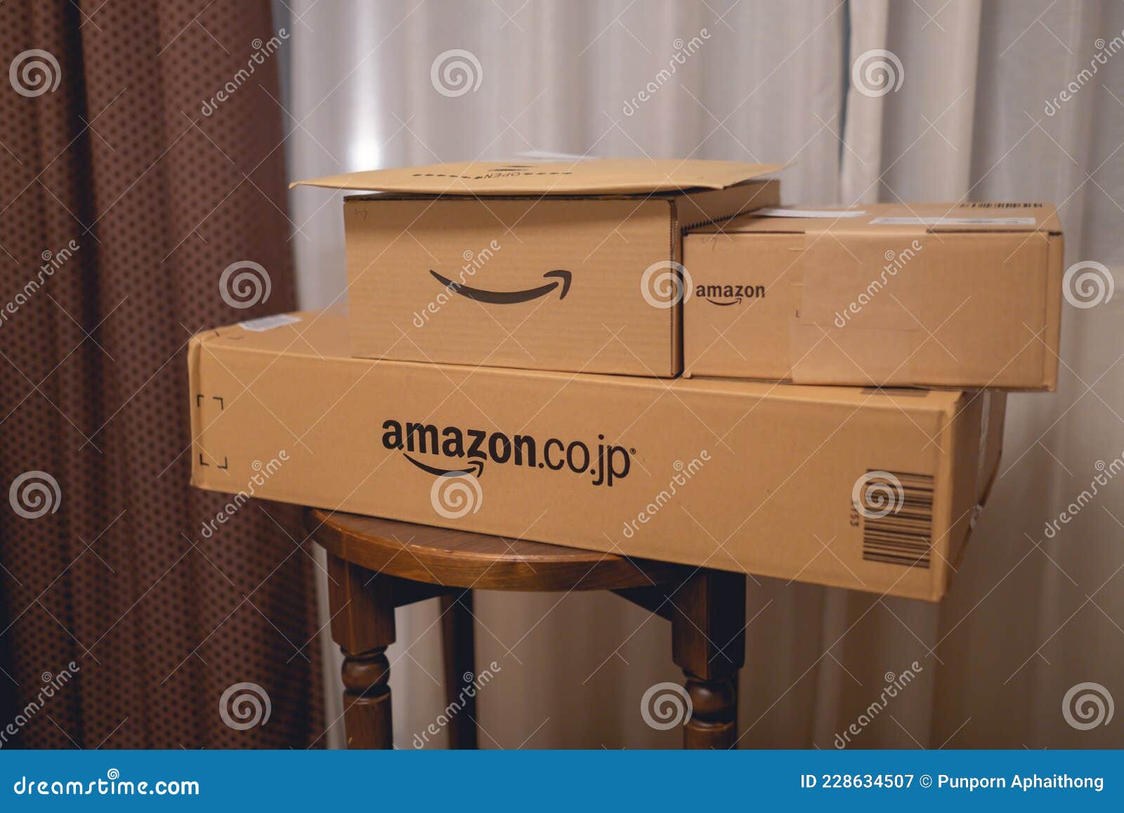 TOKYO, Japan Mar 28, 2019 Amazon Prime Japan Boxes Stack on Table Editorial Photography