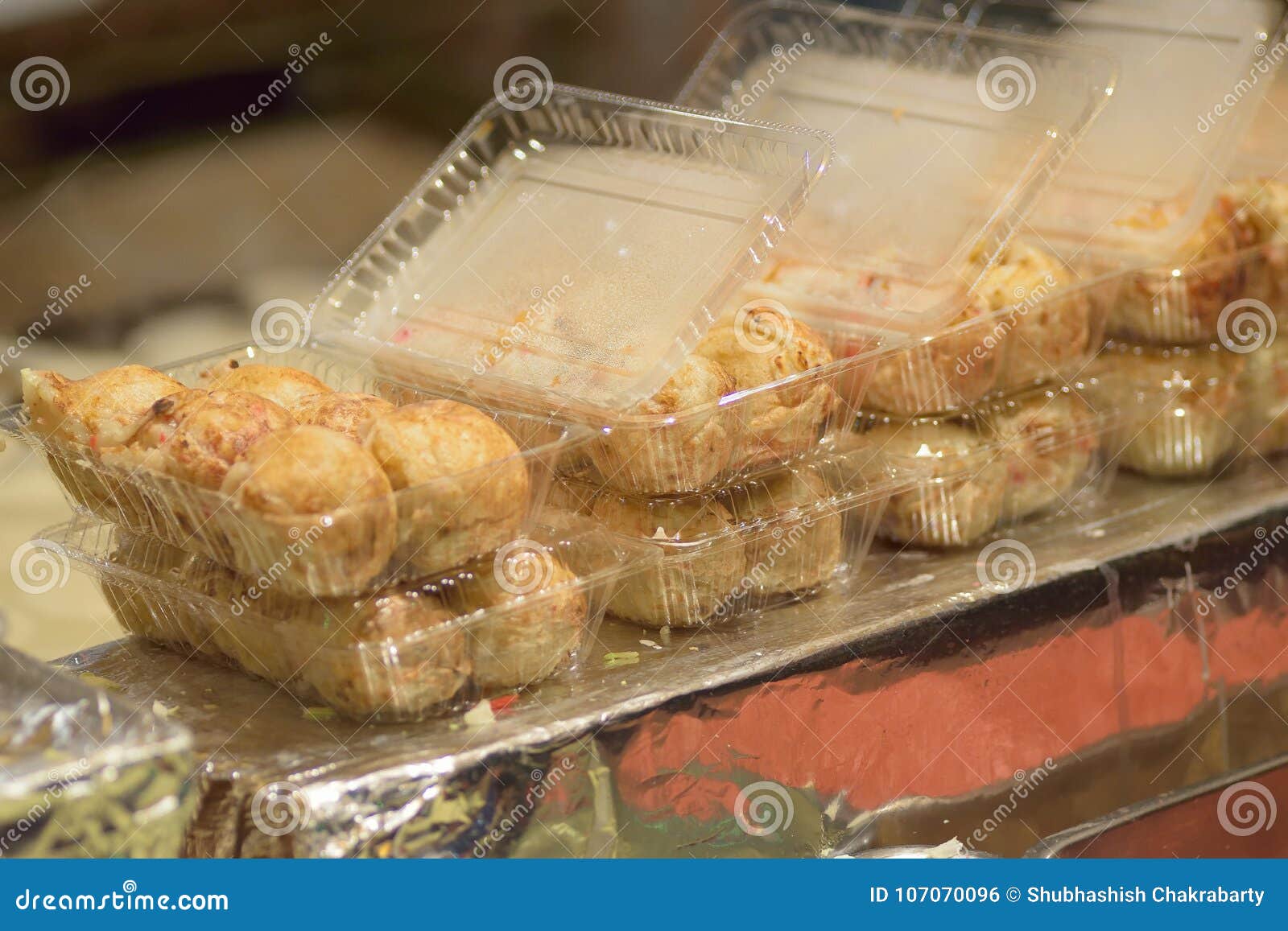 Tokyo Street Food of Octopus Meat Balls Called Takoyaki Stock Photo