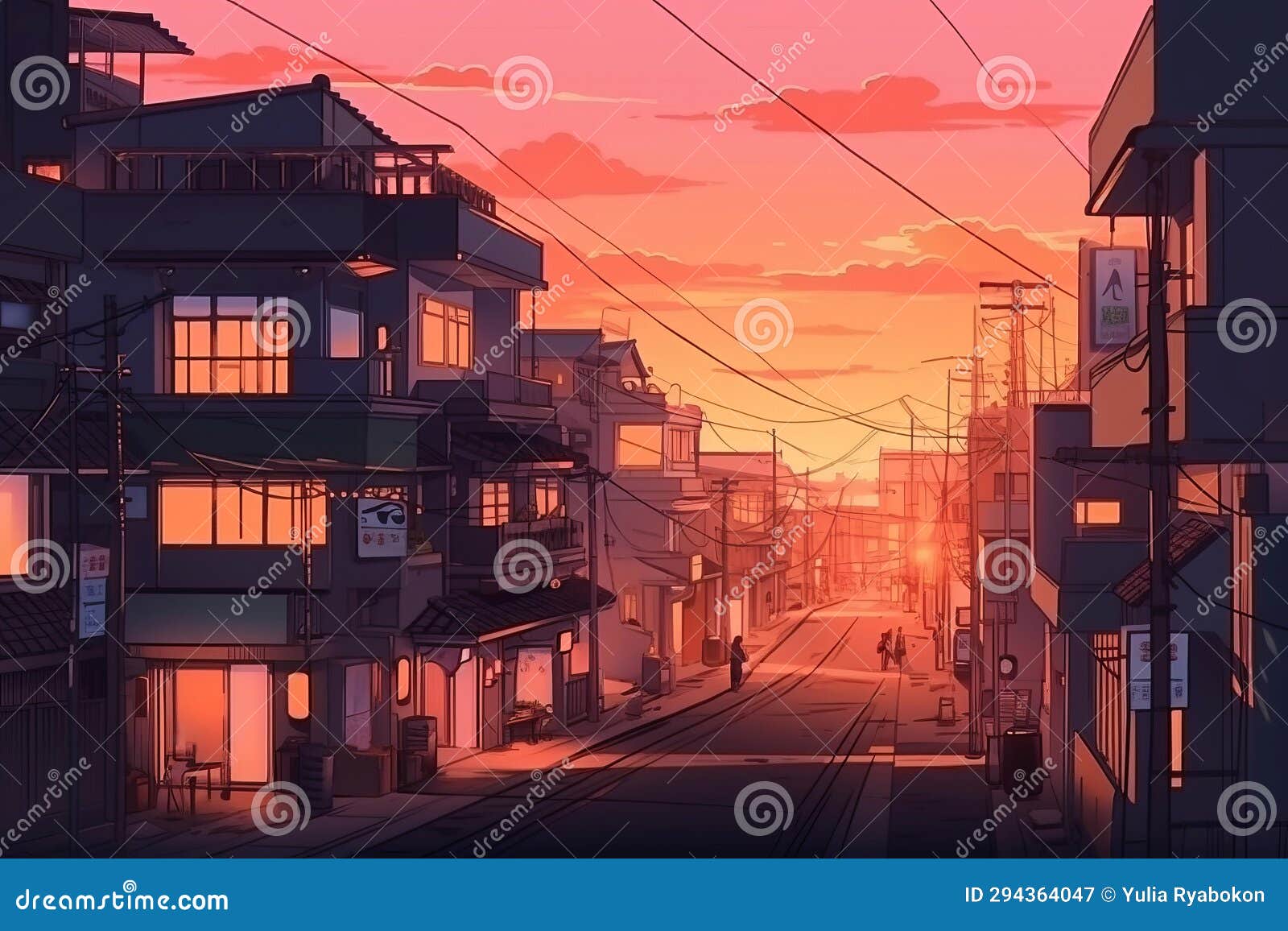 Tokyo Sunset City Anime Style. Generate Ai Stock Illustration