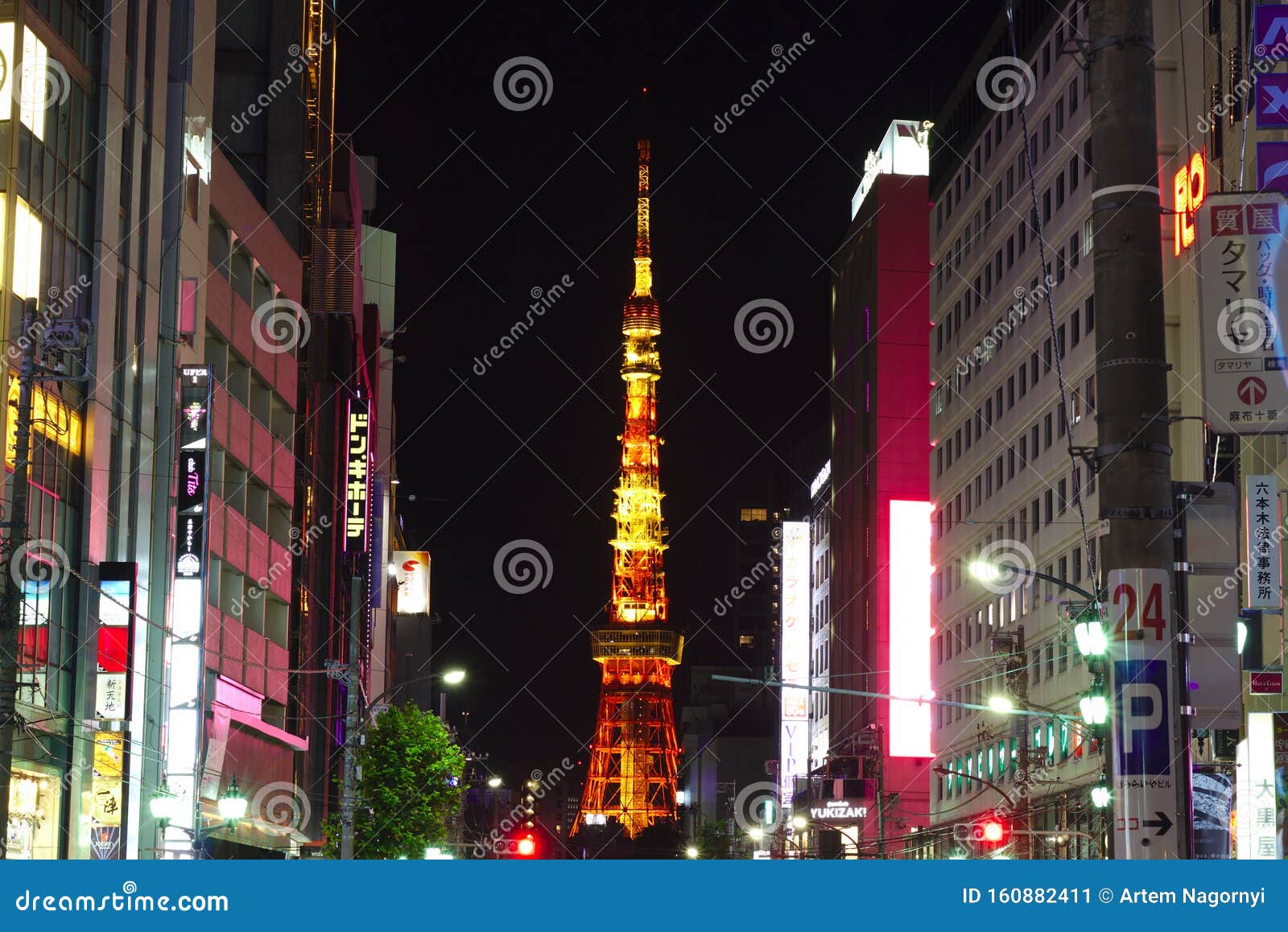 Tokyo Tower At Night As Seen From The Street Level In Roppongi District Editorial Photo Image Of Tall Shops