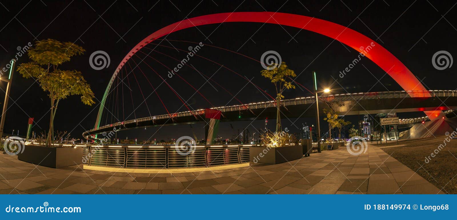 Tolerance Bridge in Dubai at Night with Impressive Dubai Skyline in the Background Editorial