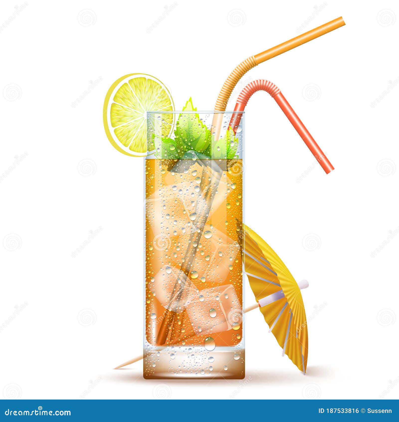 Cocktail in a glass with a straw on background of transparency, long island  iced tea. Stock Vector