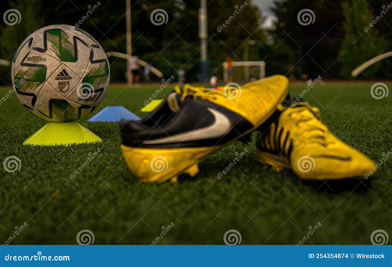 Toma De Un Nike Amarillo Ctr360 Zapatillas De Fútbol Maestro Y Una De Adidas En El Campo Imagen de archivo editorial - Imagen de cuero, zapato: 254354874