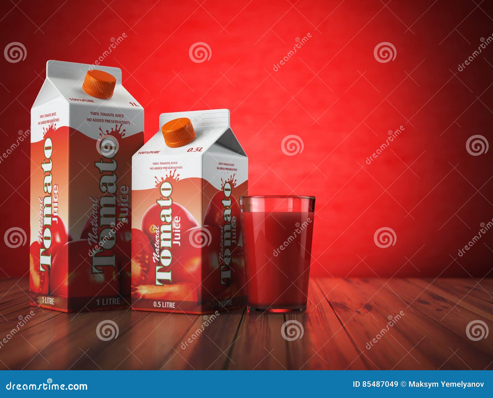 tomate juice carton cardboard box pack with glass on red