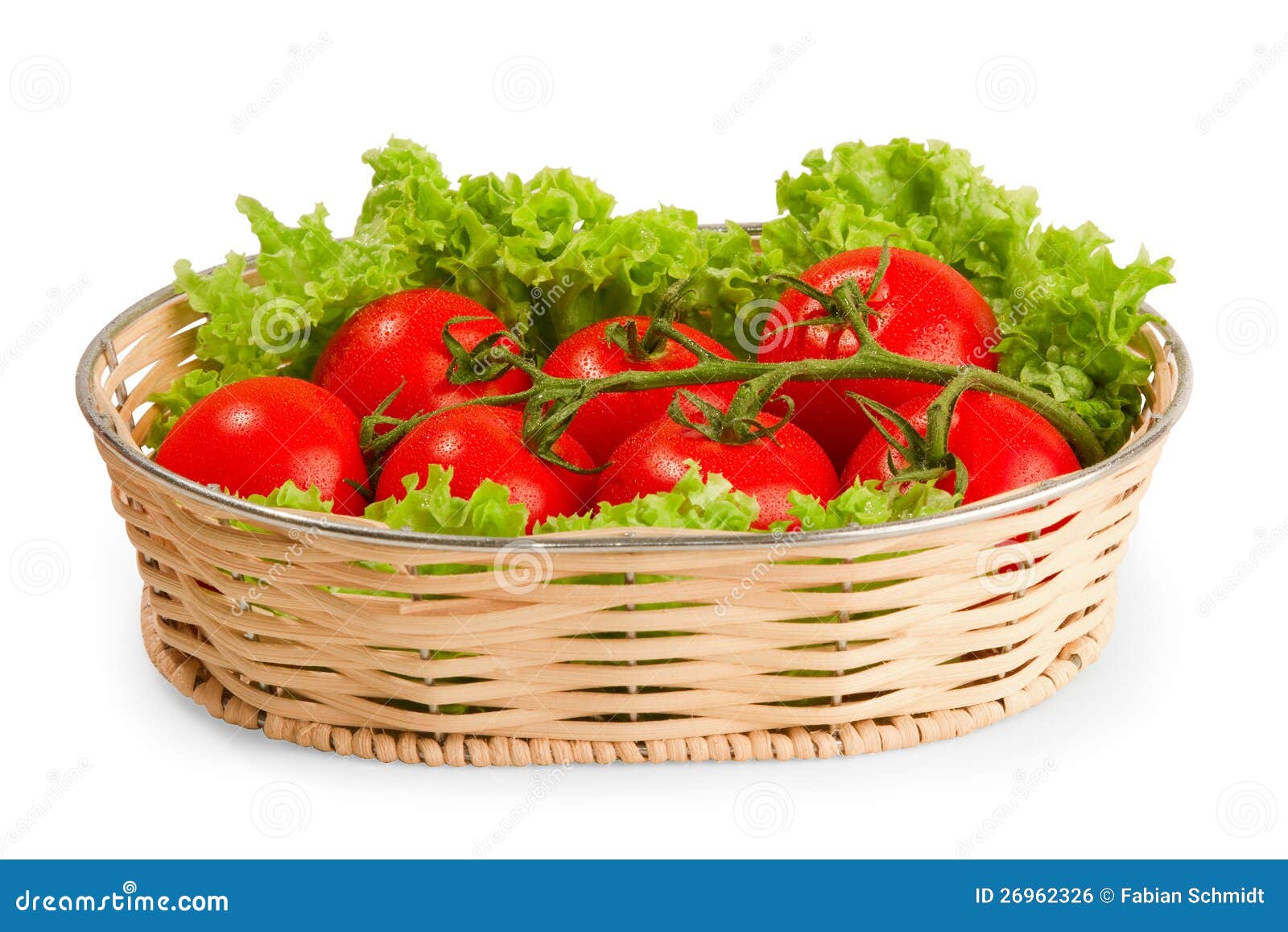 Tomate with salad in basket on white background