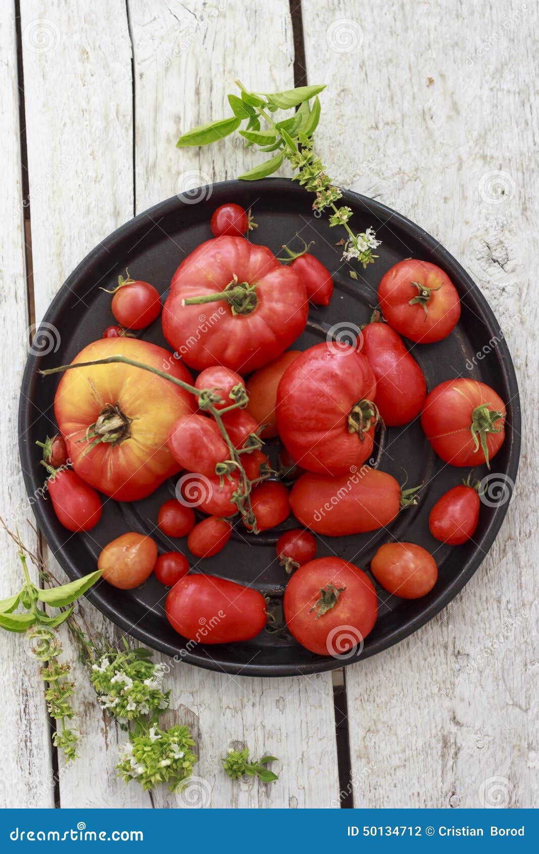 Tomaten Auf Schwarzer Runder Servierplatte Stockfoto - Bild von