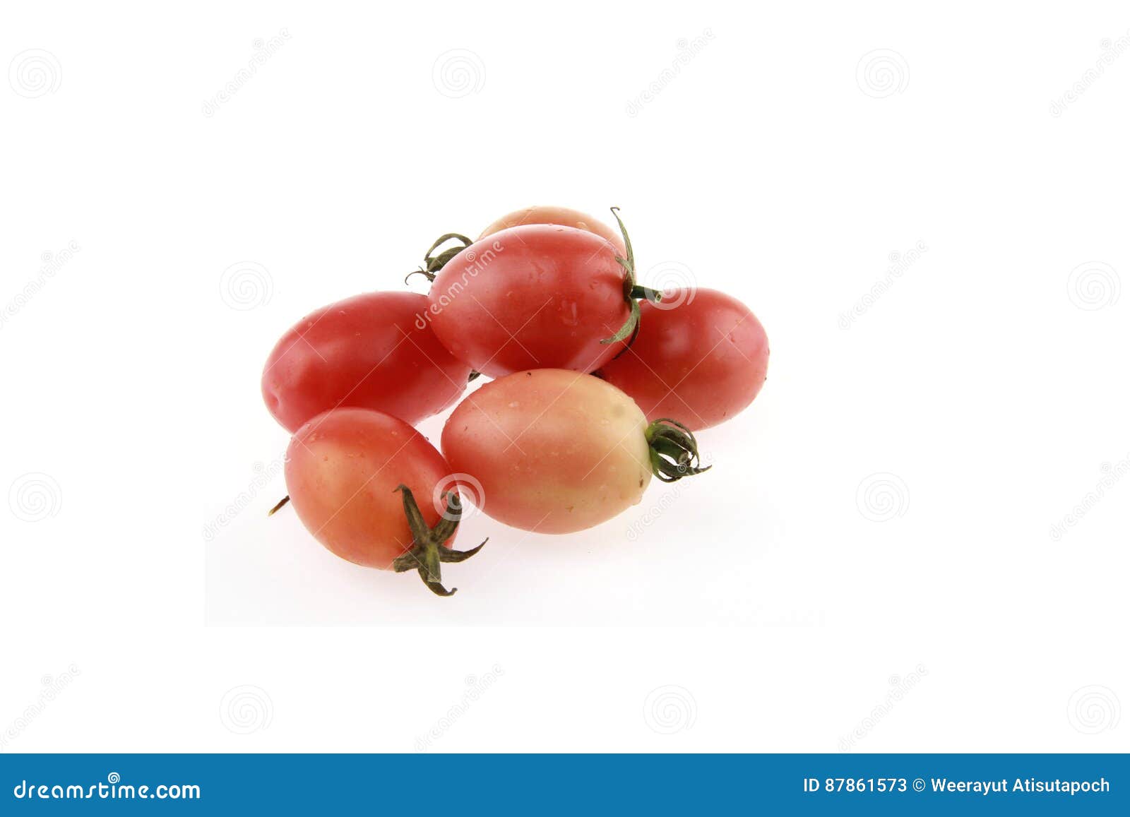 Tomatenkleur op witte achtergrond. Zeven tomaten kleuren rood op witte achtergrond