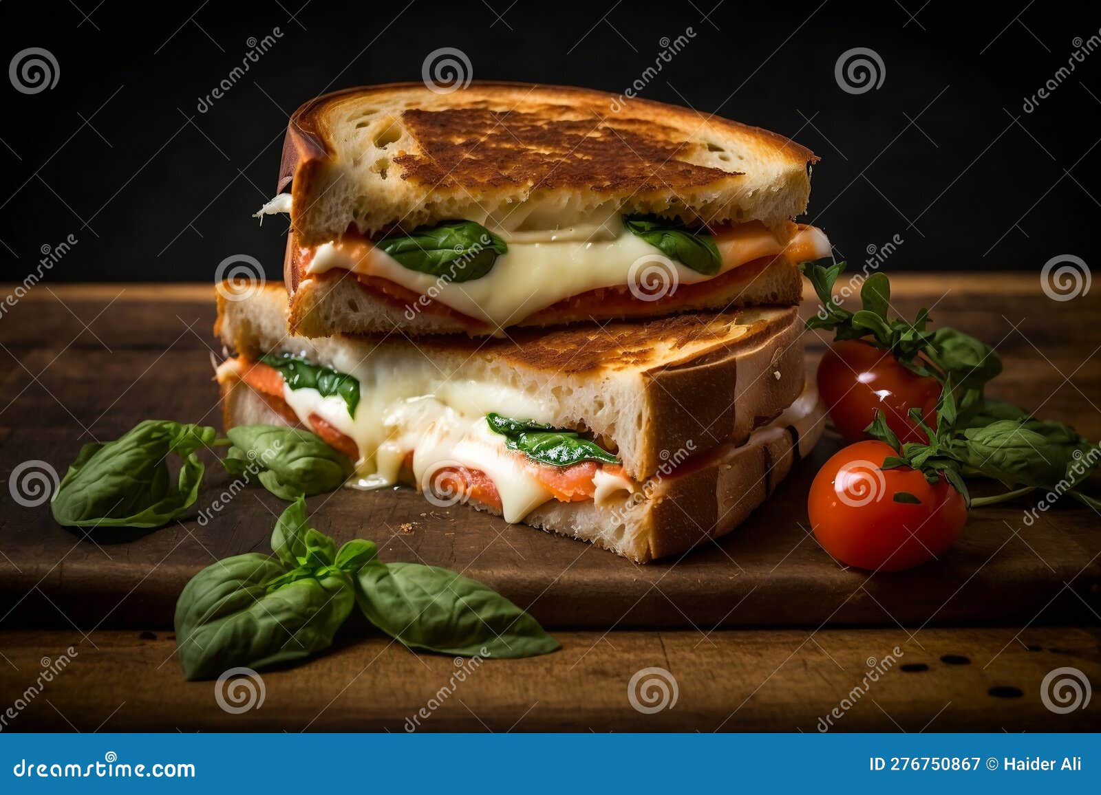 Tomato and Basil Grilled Cheese Sandwich. Generative AI Stock Image