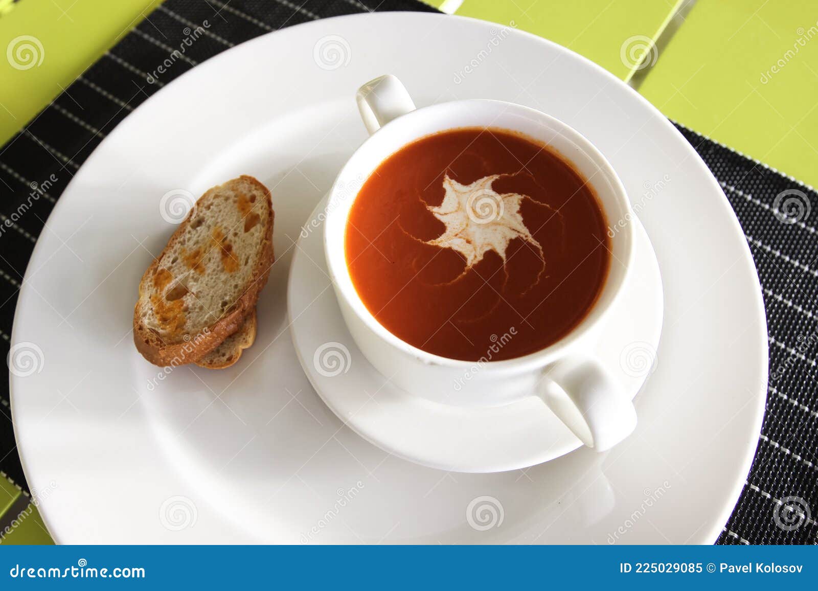 Tomato Juice in a Cup and Bread. Table Setting in a Restaurant. Stock