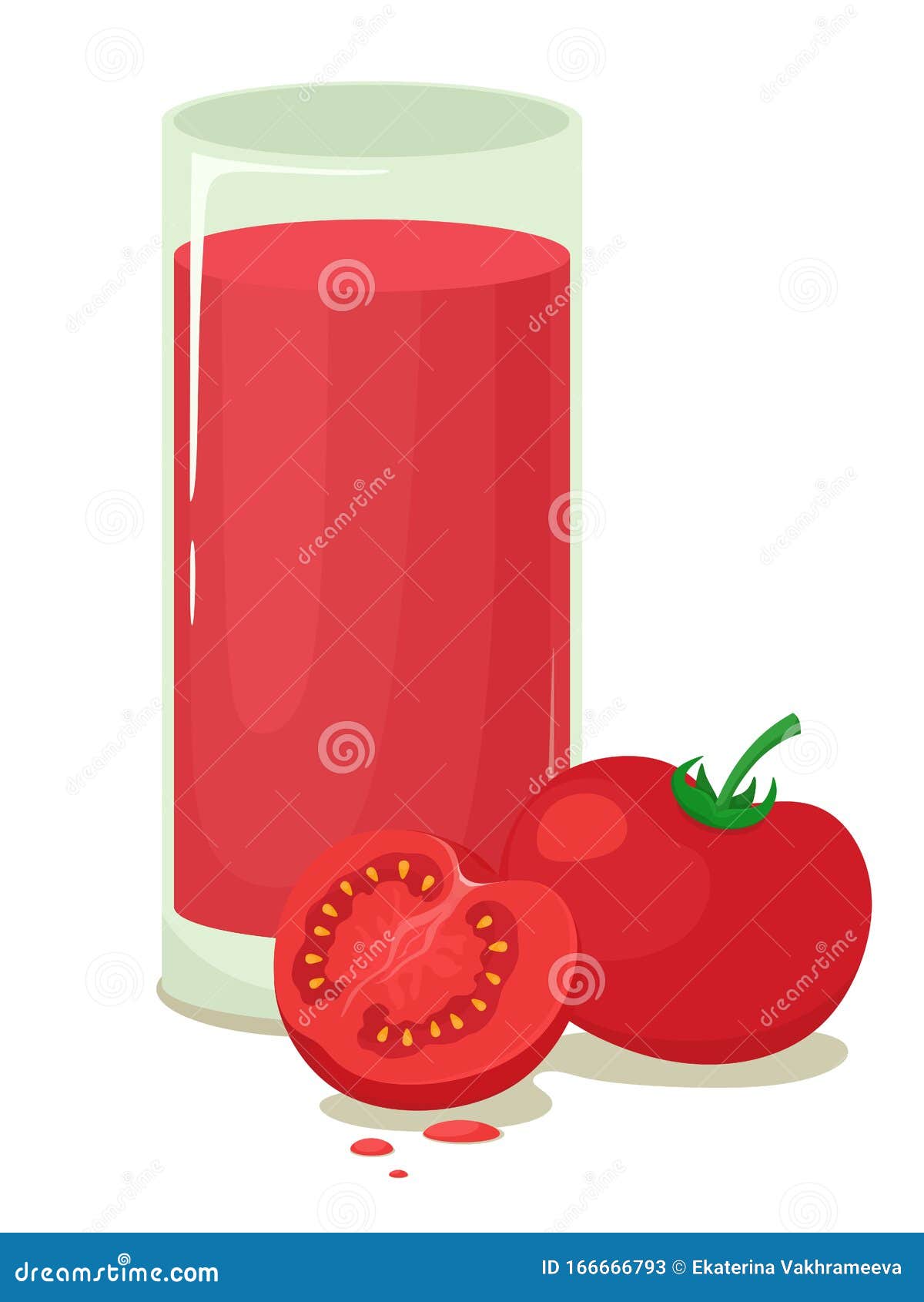 A Glass of Tomato Juice with Tomatoes and Drops of Juice. Vector