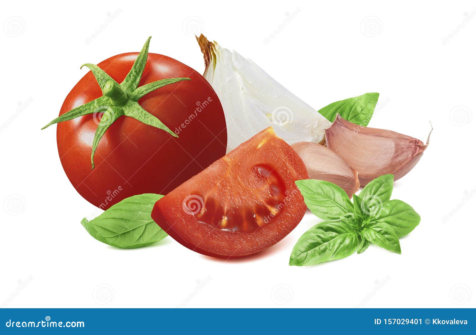 Tomato, Onion, Garlic and Basil Isolated on White Background Stock ...