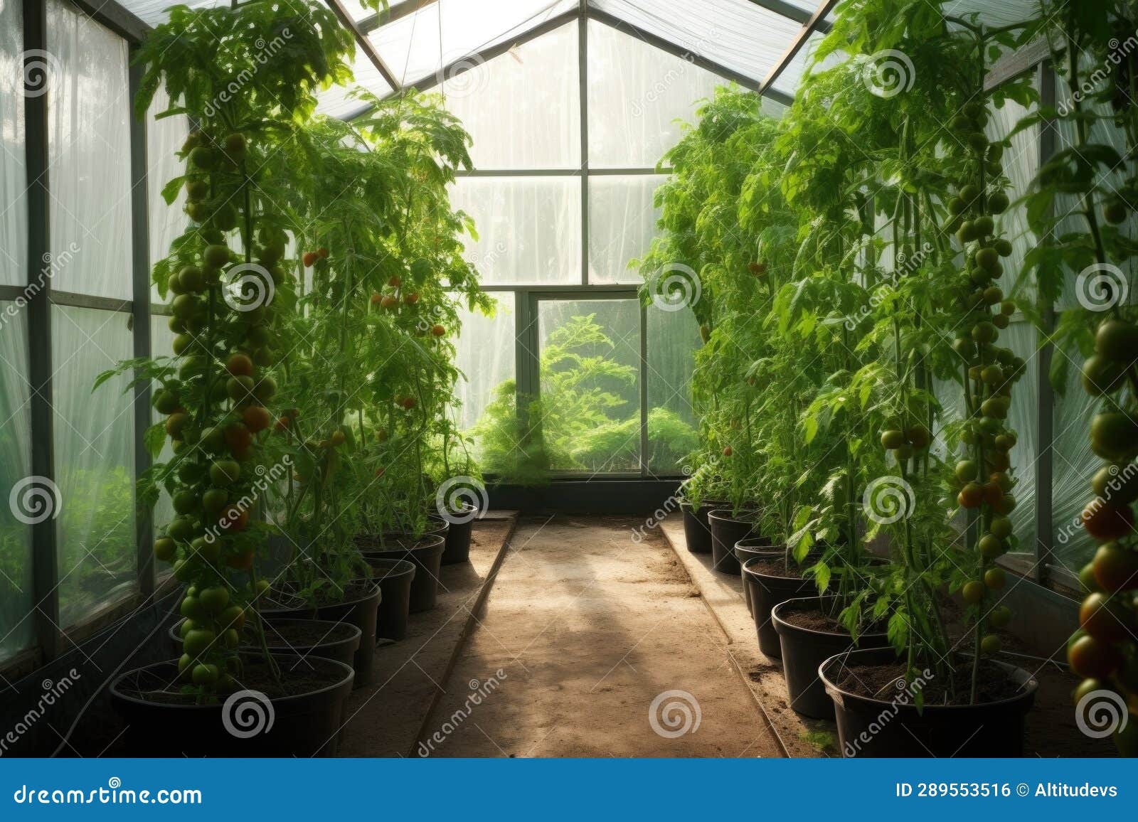 Tomato Plants Growing Tall in a Greenhouse Setting Stock Illustration