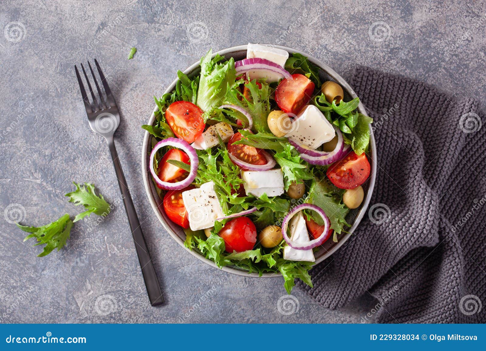 Tomato Salad with Brie Cheese Olives Onion Lettuce Stock Photo Image