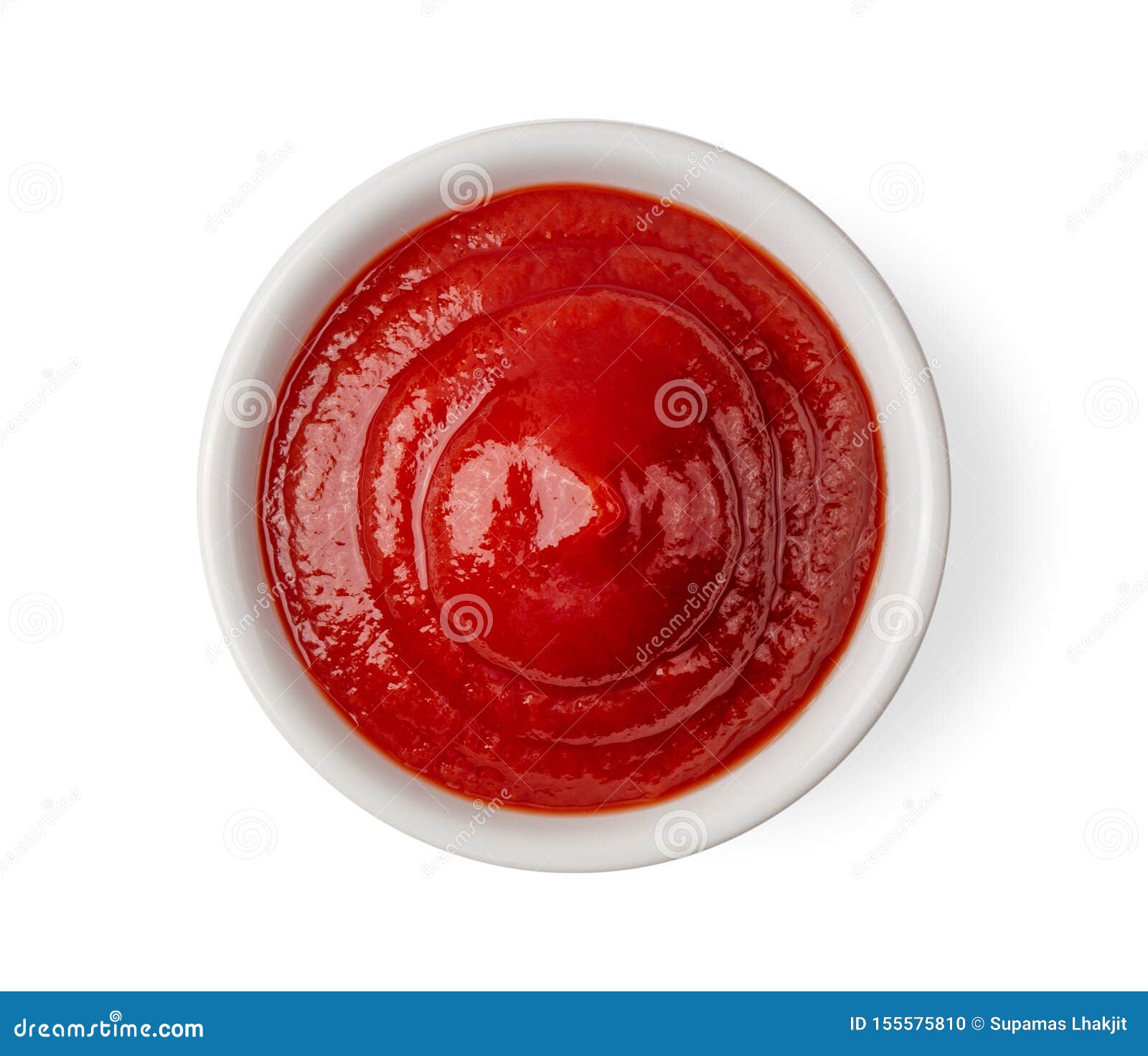 Tomato Sauce in Bowl Isolated on White Background. Top View Stock Photo