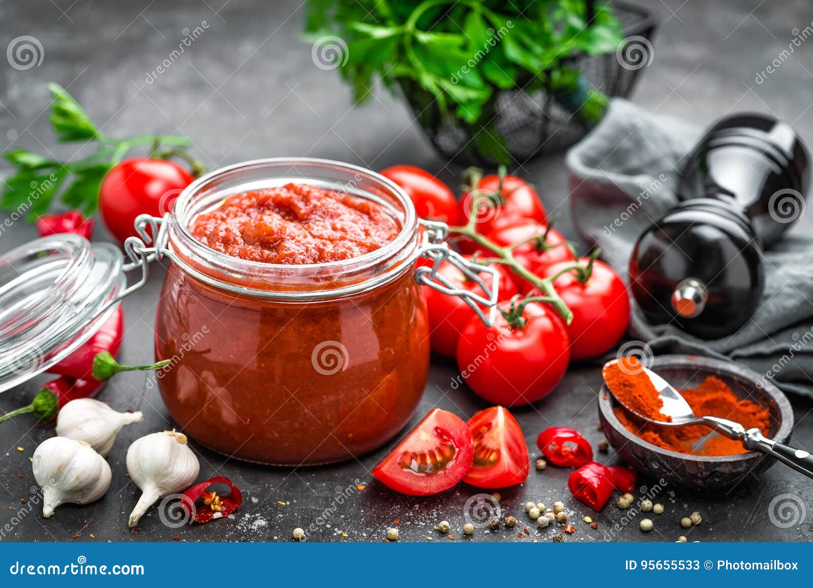 Tomato Sauce in Glass Jar and Fresh Tomatoes Stock Image Image of