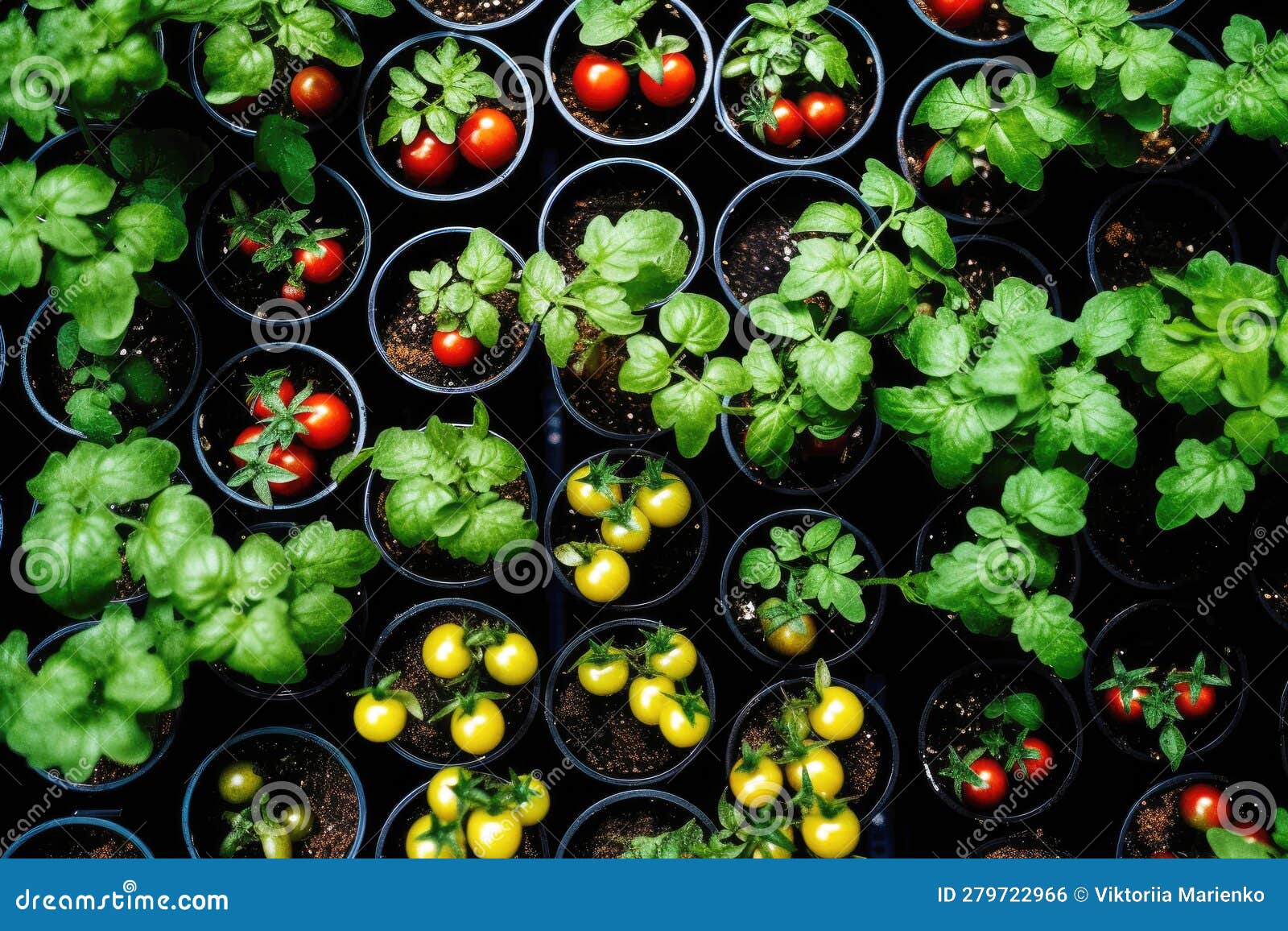Tomato Seedlings in Plastic Pots. View from Above Stock Illustration
