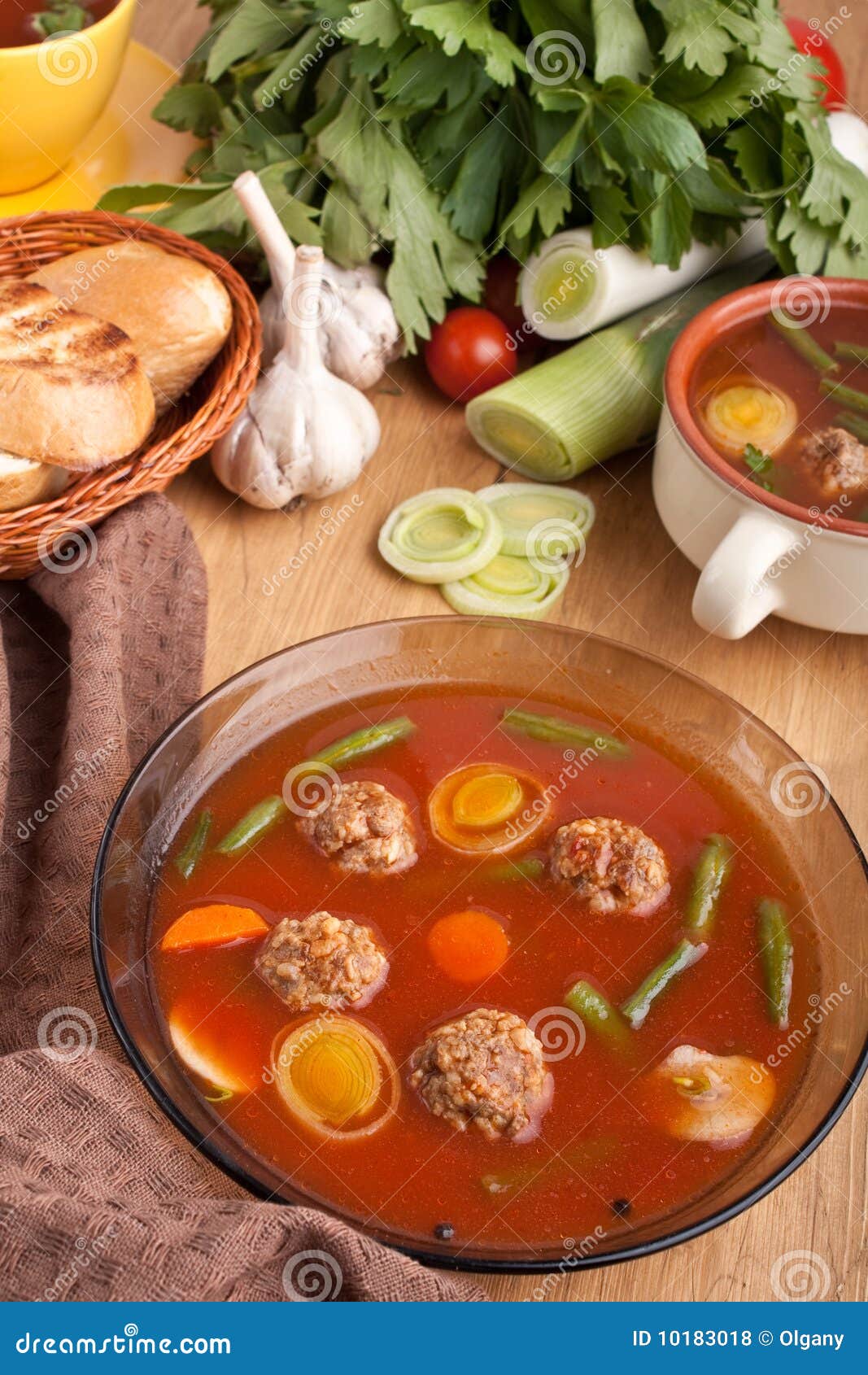Tomato soup with meatballs stock photo. Image of bread 10183018