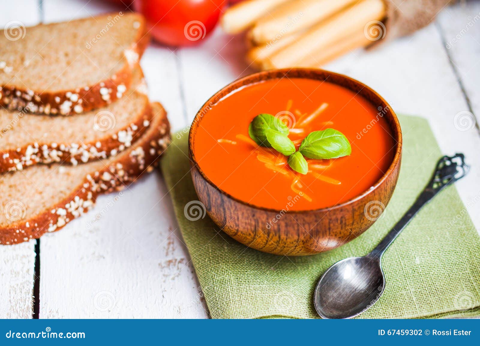 Tomatoe Soup with Bread Sticks and Basil on Wooden Background Stock Photo Image of delicious