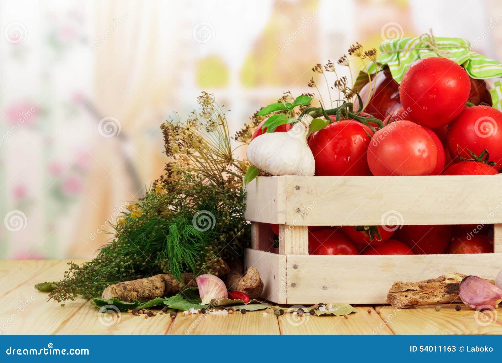 Tomatoes and dill in crate stock image. Image of container 54011163