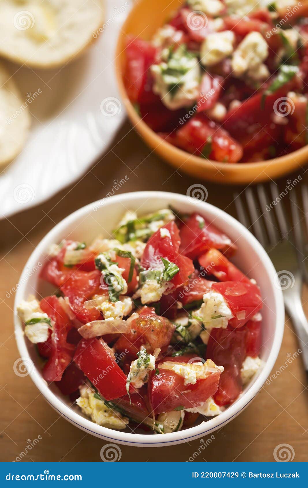 Tomatoes, Feta Basil Salad with Roll Stock Image Image of chopped, eating 220007429