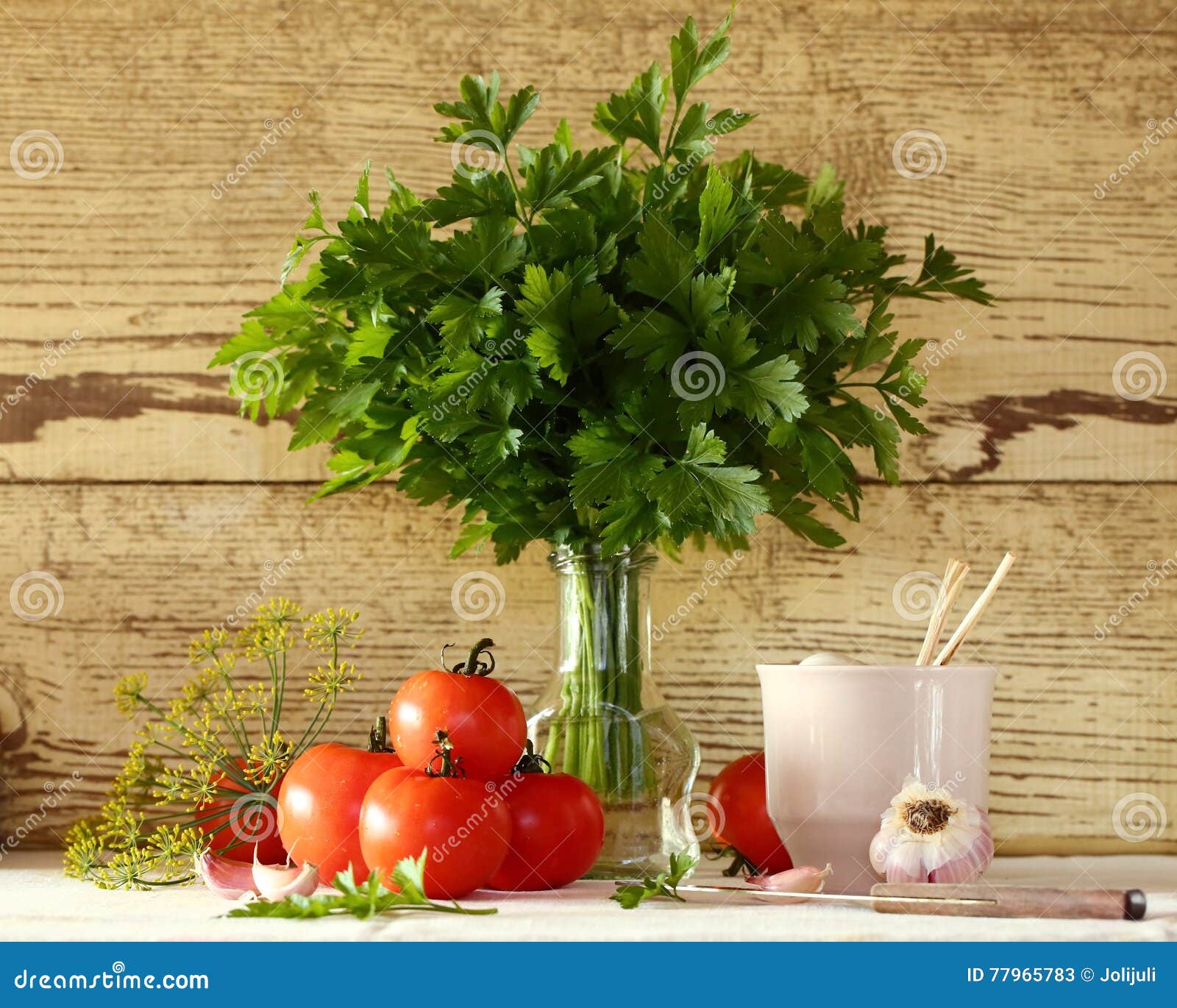 Tomatoes and parsley stock image. Image of light, knife 77965783