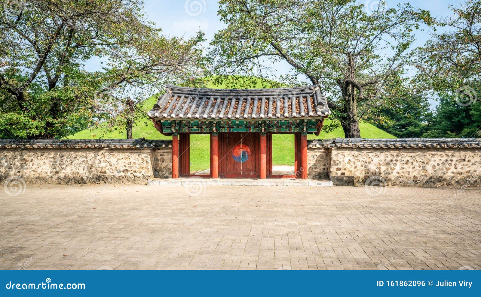 tomb of king michu of silla with main gate in daereungwon tumuli park complex gyeongju south korea