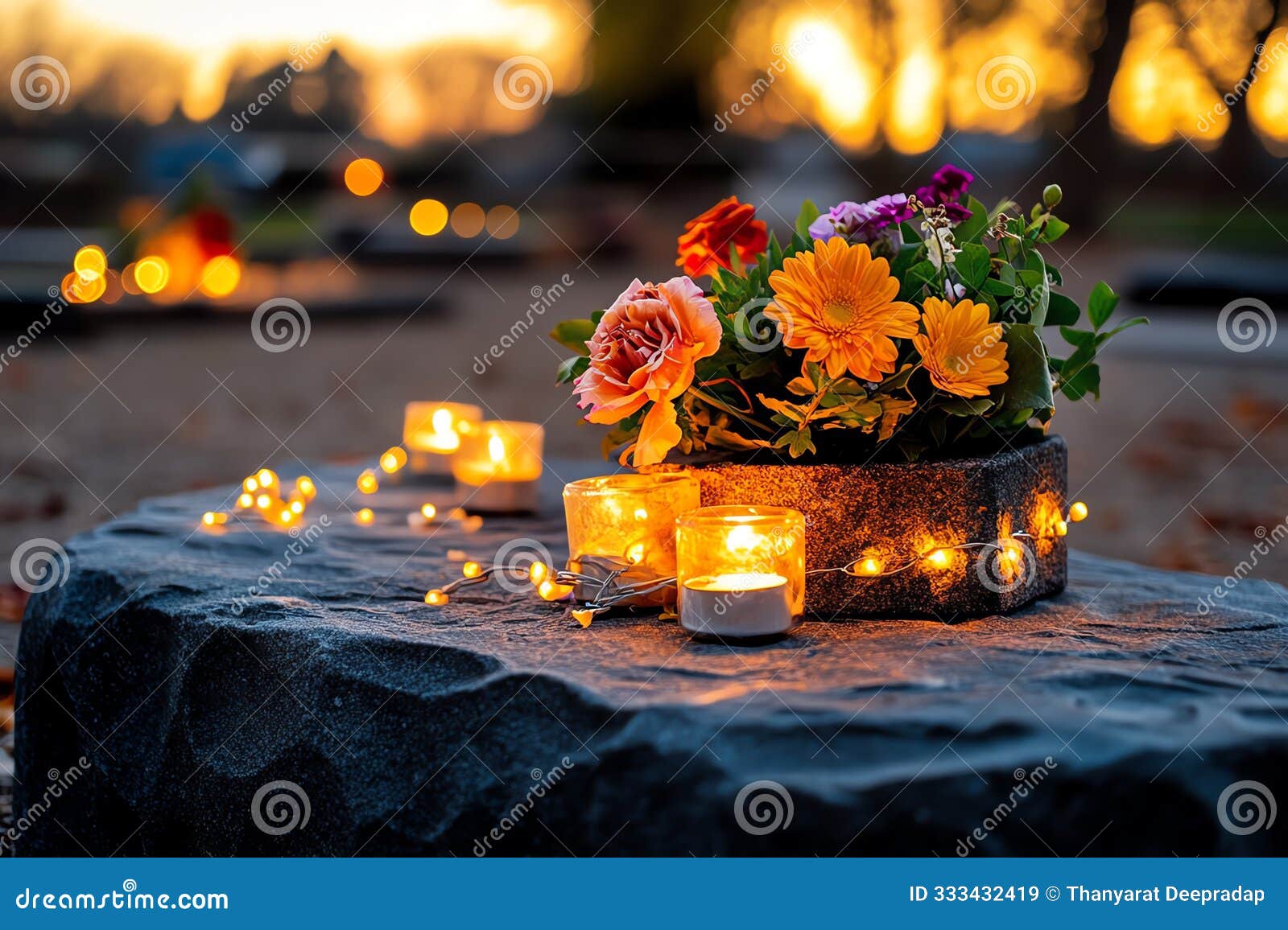a tombstone illuminated by soft candlelight, with flowers and personal mementos placed around it in a quiet evening vigil