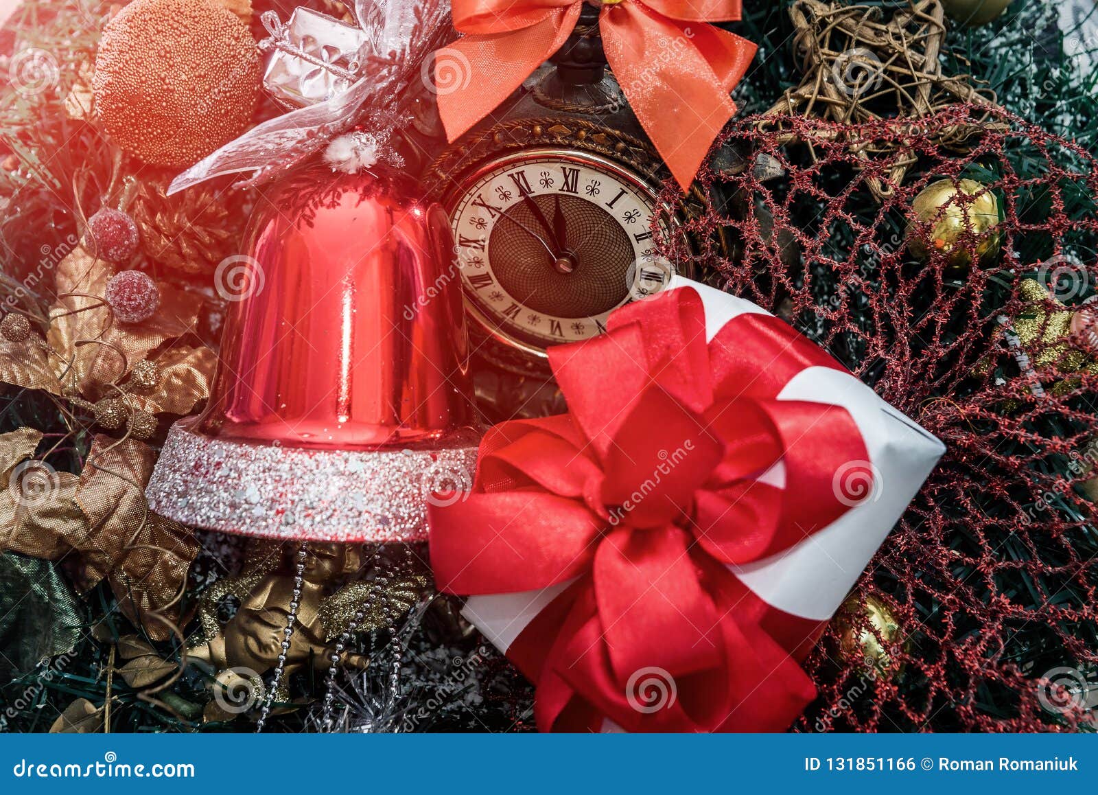 Toned Image of Clock with Christmas Decorations Stock Photo Image of