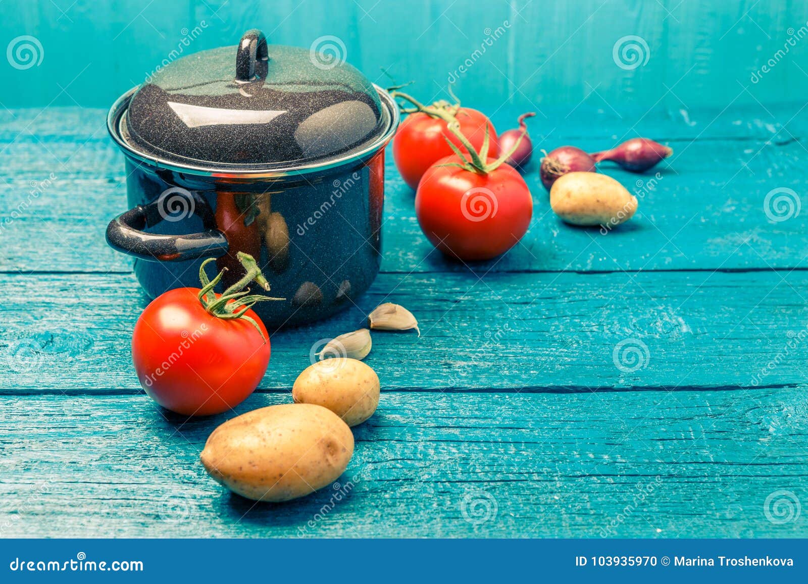 Toned Photo of Iron Pot for Soup, Tomato, Potatoes, Onions Stock Photo ...