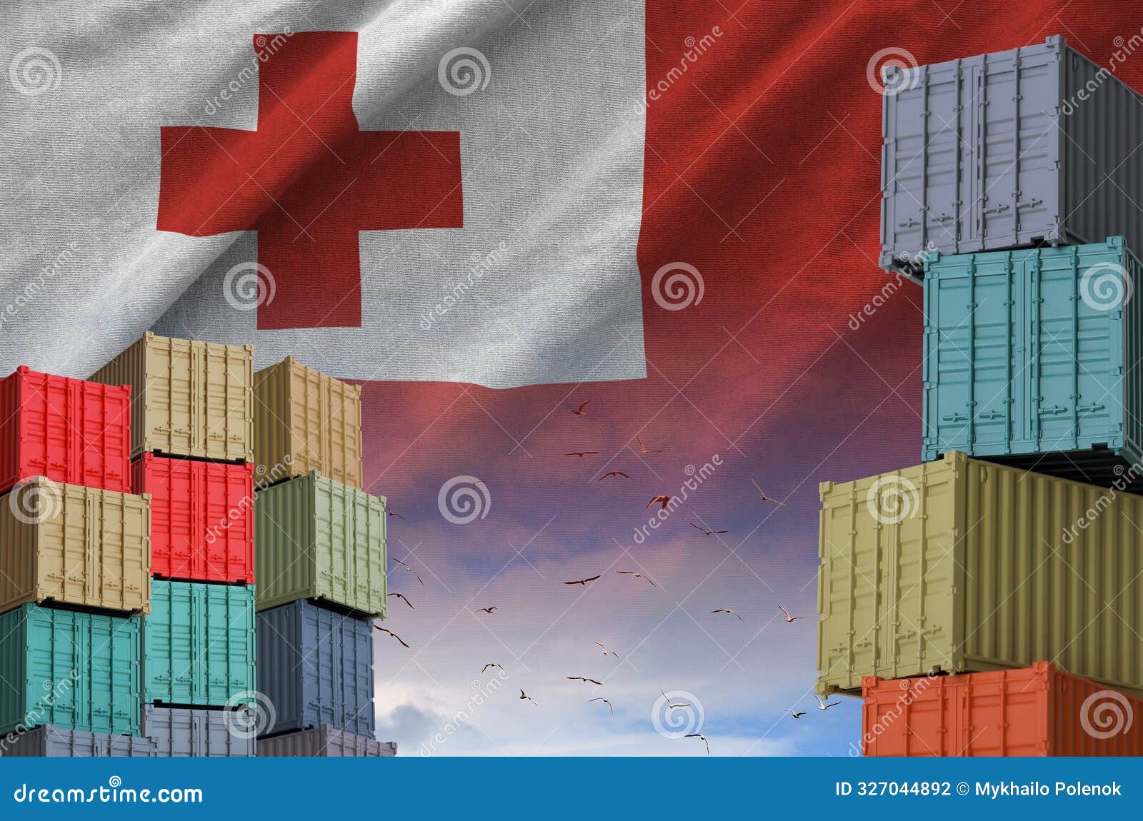tonga flag and big stack of shipping cargo containers in docks with sky background