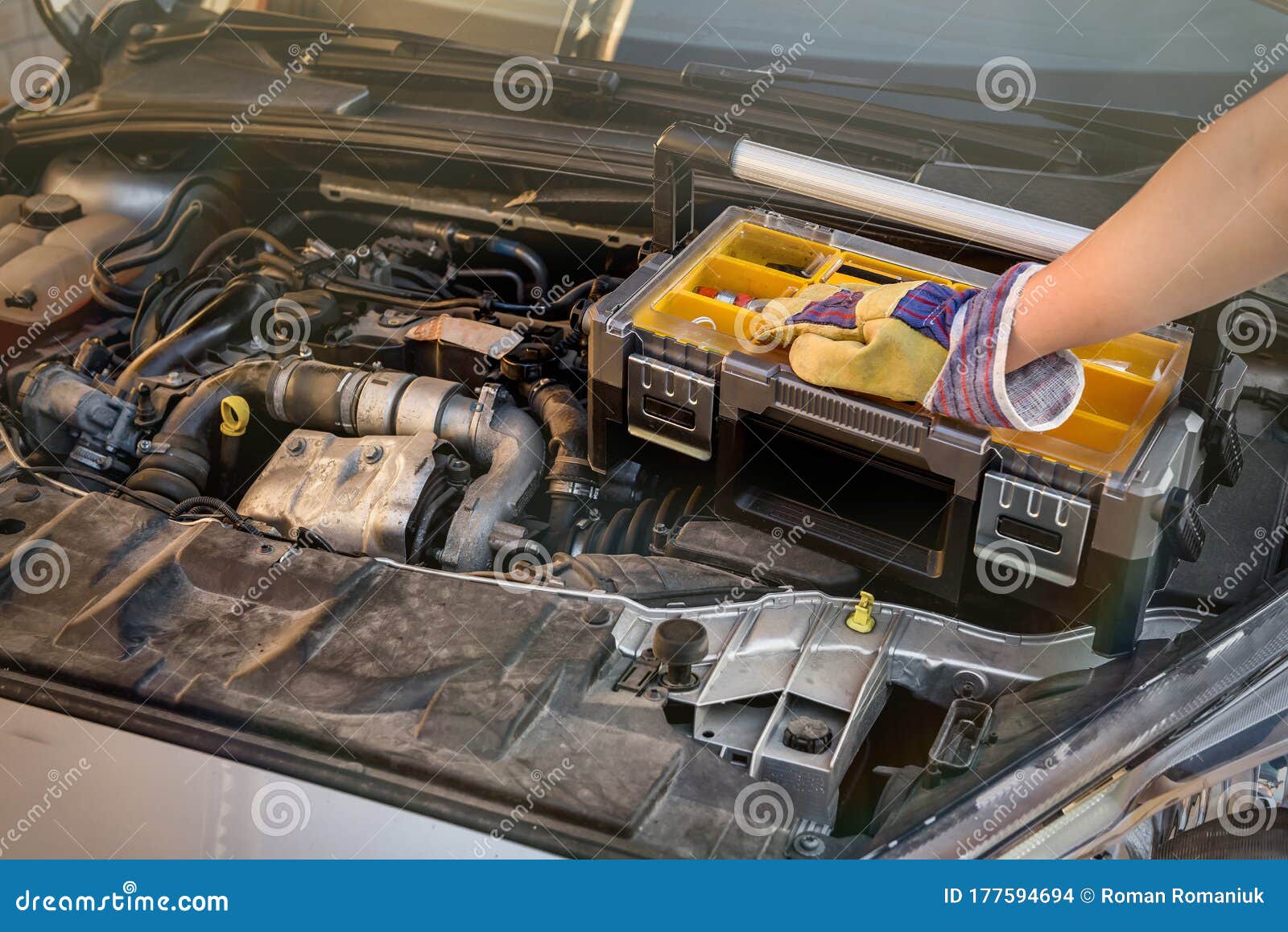 Tool Box with Hand on Car Engine Close Up Stock Photo Image of