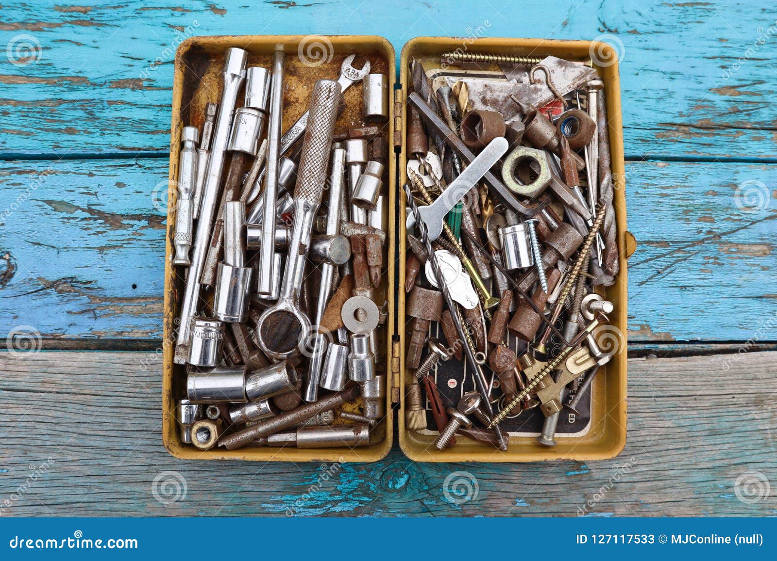 Metallic Box of Nuts and Bolts and Tools Stock Image Image of
